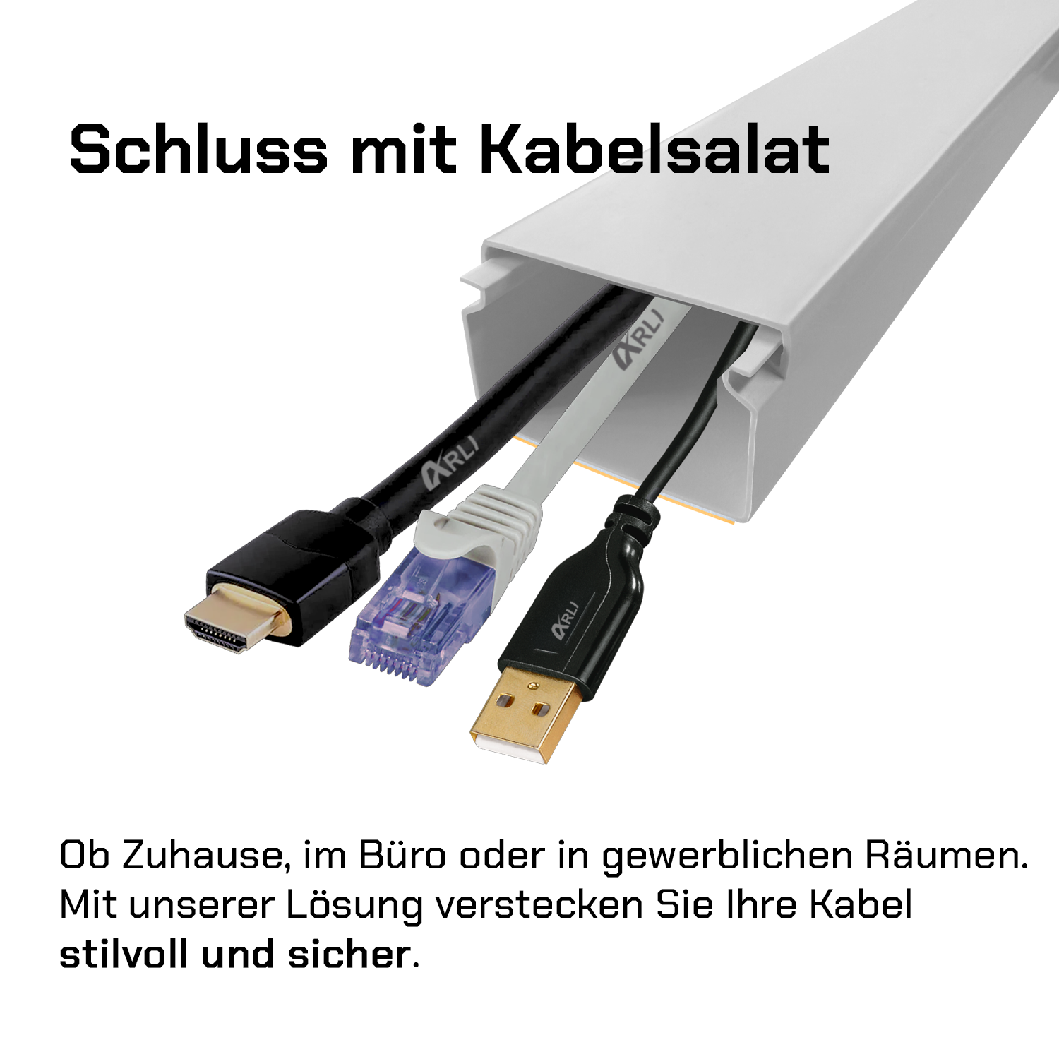 Drei Kabel, HDMI, Ethernet und USB, kommen aus einem weißen Kabelkanal. Text: 'Schluss mit Kabelsalat'.