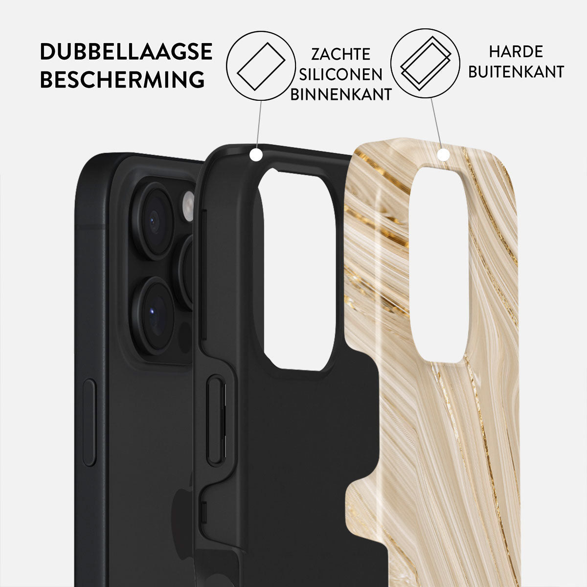 Onderdelen van een telefoonhoesje met Nederlandse tekst. Het toont een zwarte hoes met een zachte siliconen binnenlaag en een harde buitenlaag met een marmerpatroon.