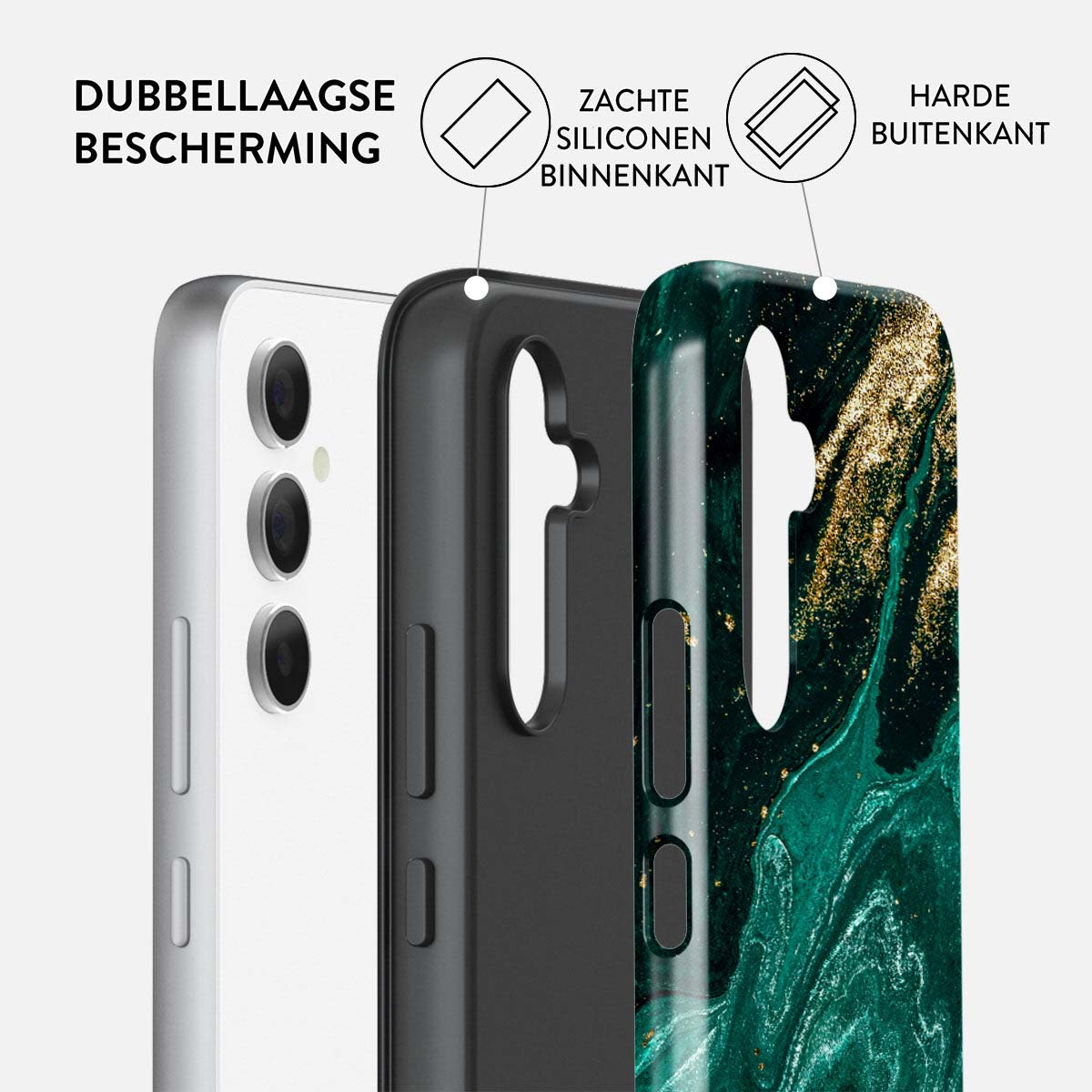 Drie telefoonhoesjes gelaagd. Wit, zwart en groen marmer. Tekst beschrijft dubbellaagse bescherming, zachte siliconen binnenkant en harde buitenkant.