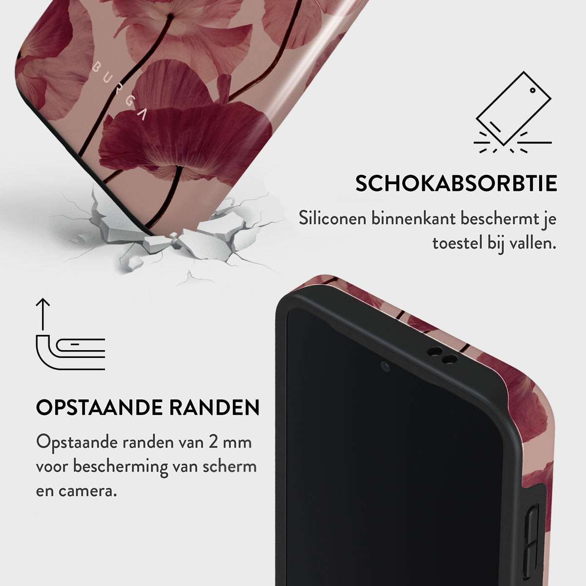 Telefoonhoesje met bloemenontwerp, deel van een telefoon en tekst over schokabsorptie en verhoogde randen voor scherm- en camerabescherming.