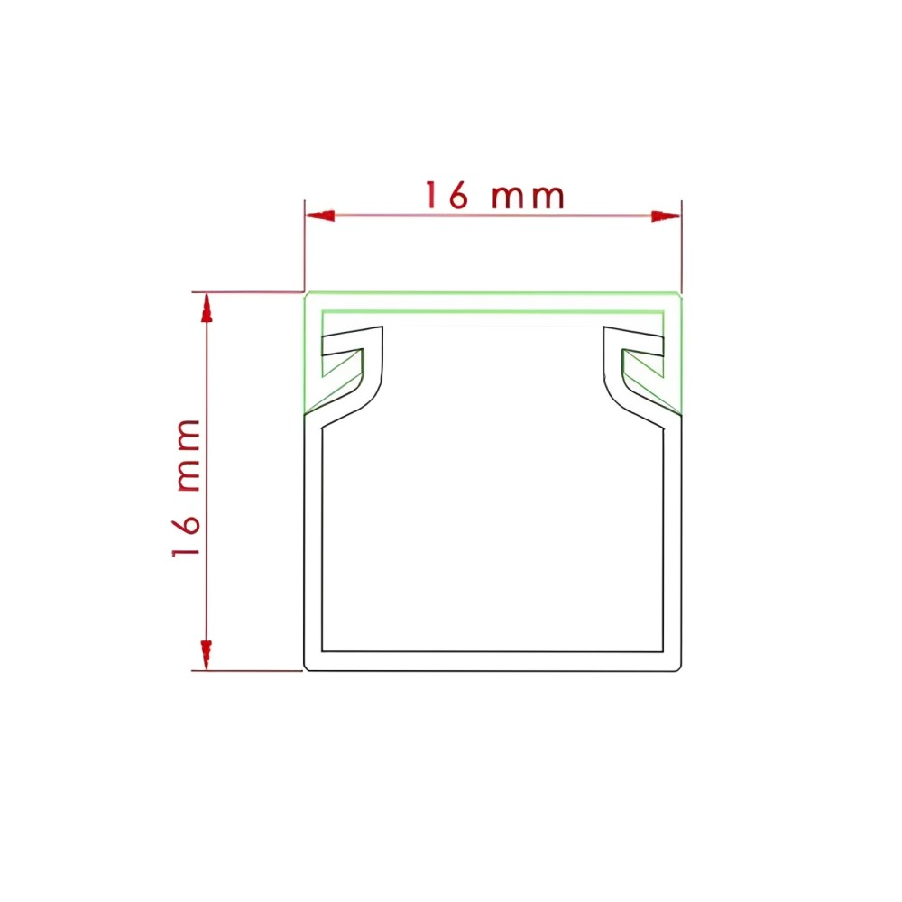 Diagramm eines quadratischen Profils. Die Maße sind 16 mm x 16 mm. Das Profil ist schwarz, mit grünen Innenlinien.