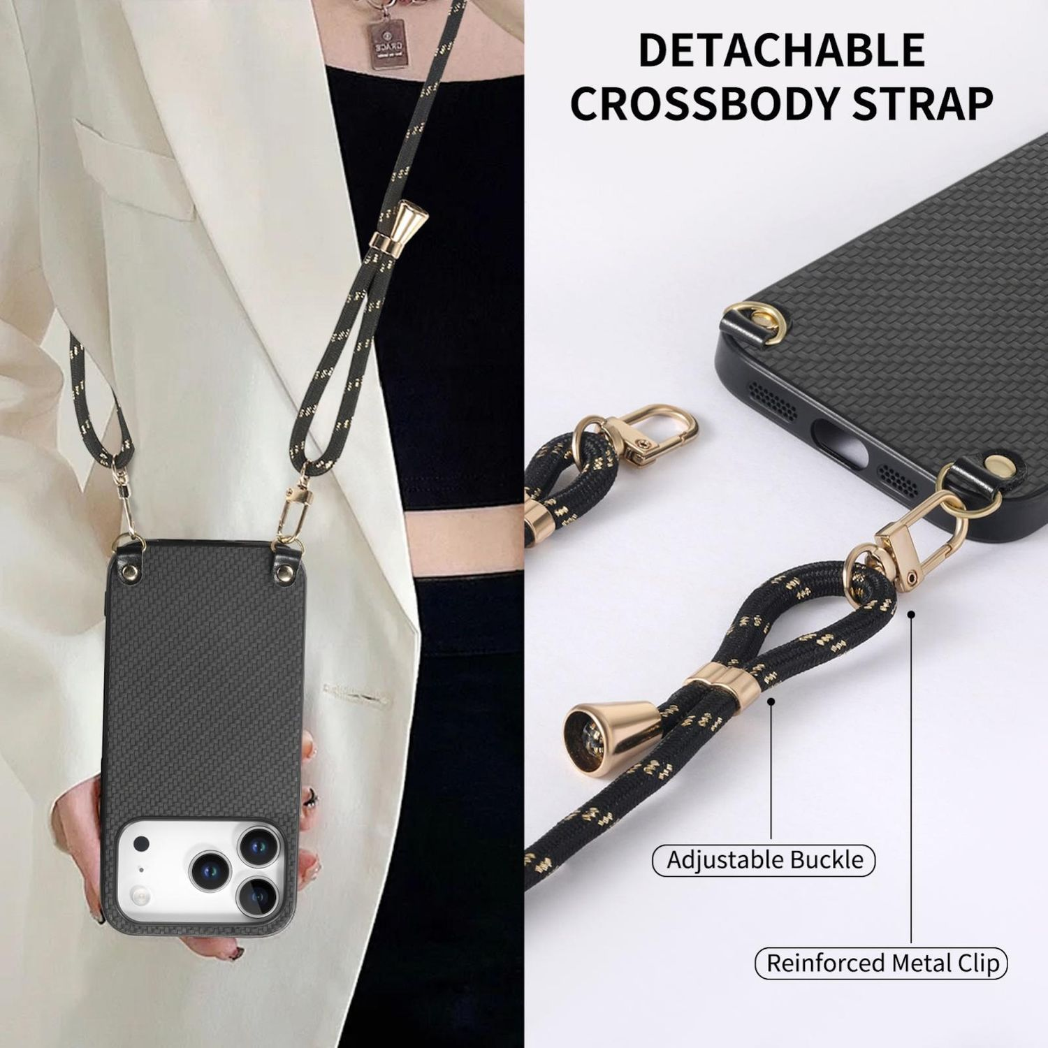 Eine Frau hält eine Handyhülle mit abnehmbarem Crossbody-Träger. Der Träger ist schwarz mit goldenen Akzenten. Die Hülle ist schwarz.