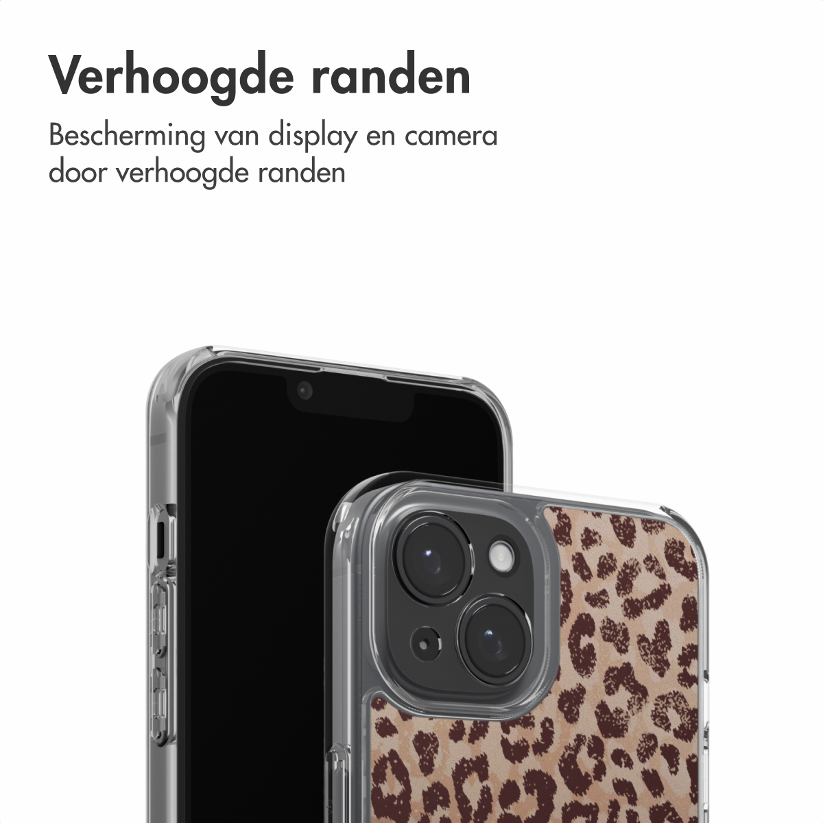 Two smartphones with protective cases. One case features a leopard print design. The background is white.