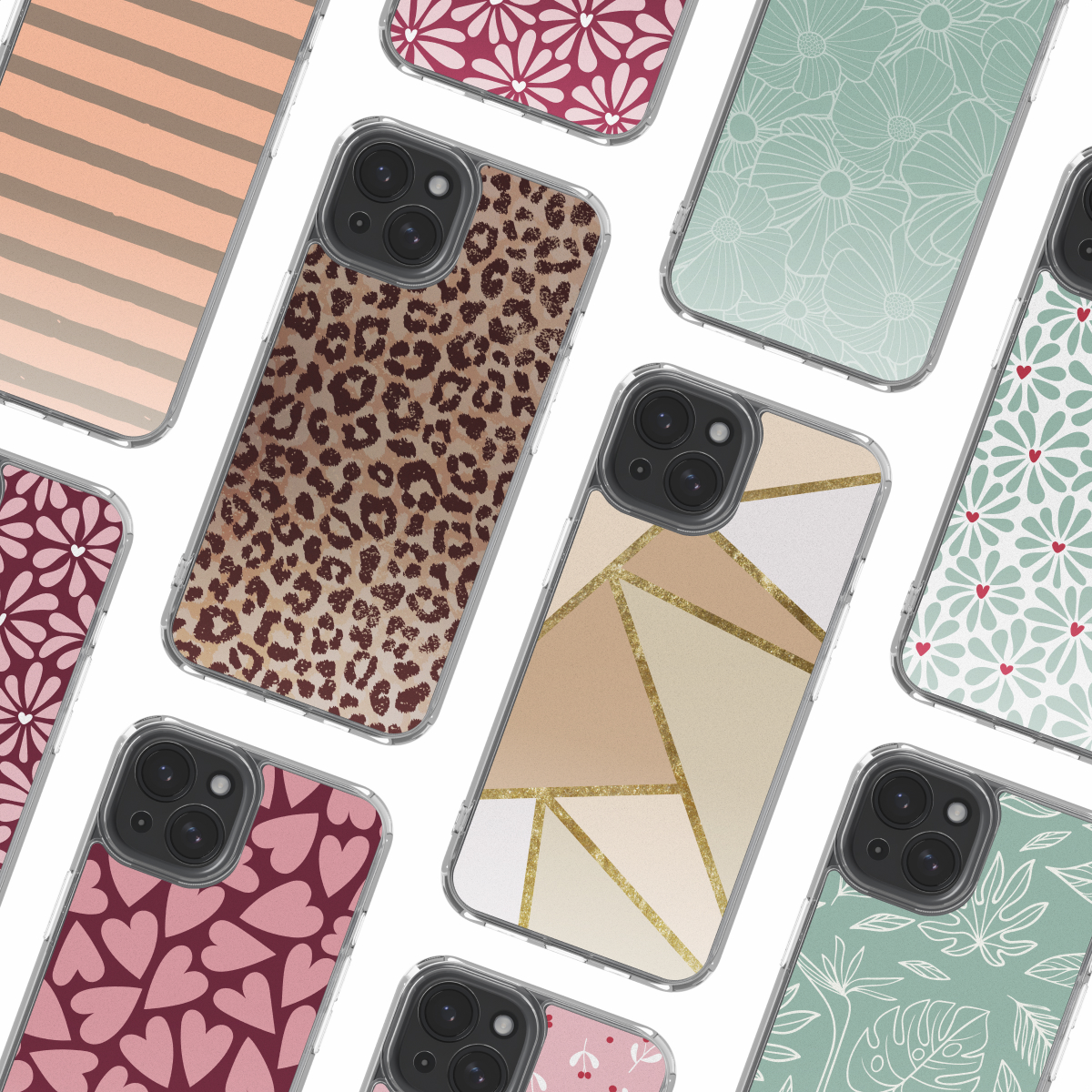 Varie custodie per telefono con diversi design: stampa leopardata, floreale, geometrica e motivi a cuore. Custodie su sfondo bianco.
