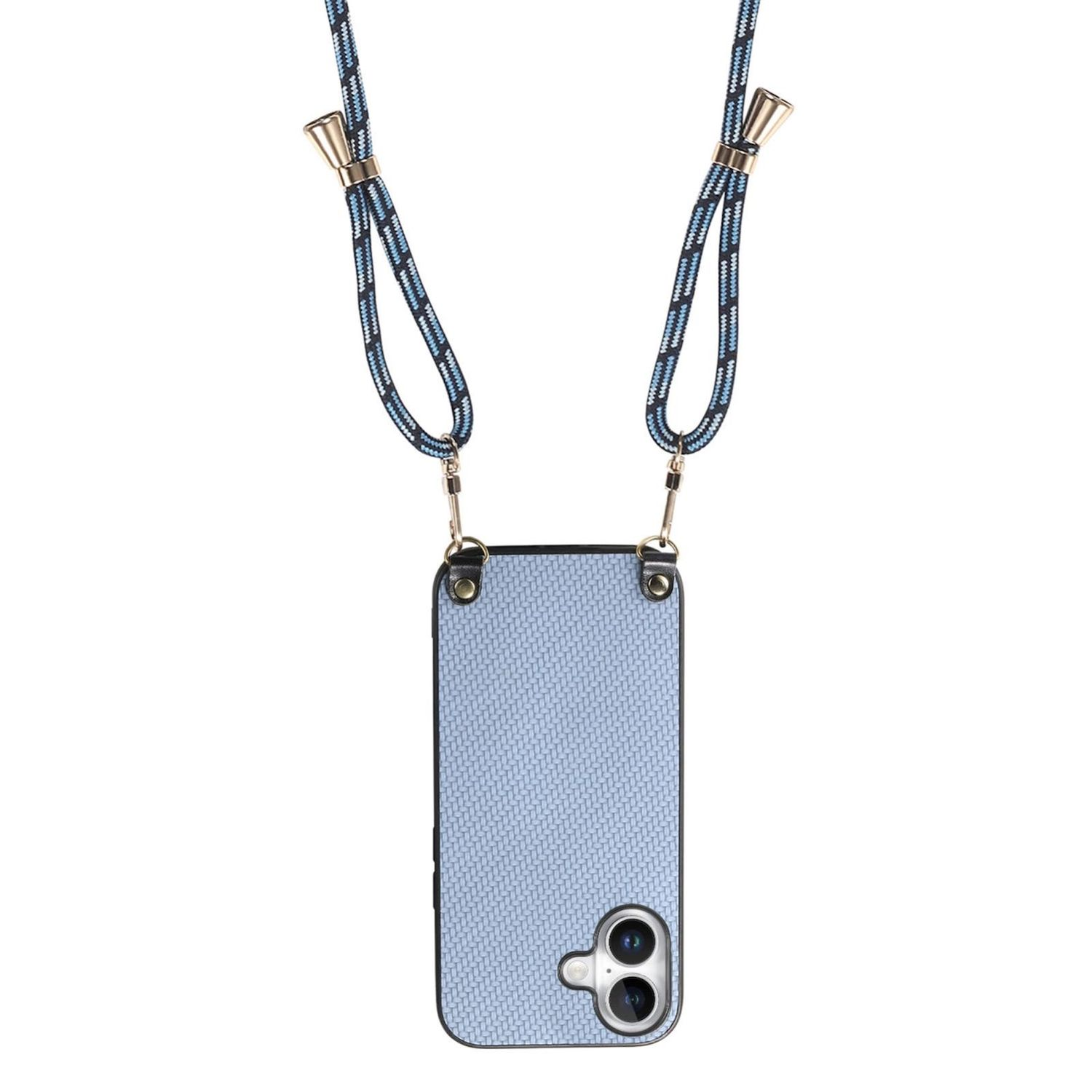 Eine hellblaue Handyhülle mit Webmuster hängt an einem blau-schwarzen Seil. Das Telefon hat eine Kamera.