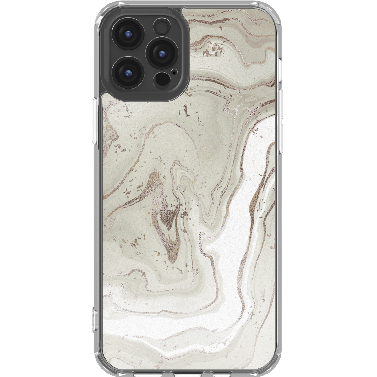 Une coque de smartphone avec un motif marbré. L'étui a une bordure transparente et un motif tourbillonnant blanc et or.