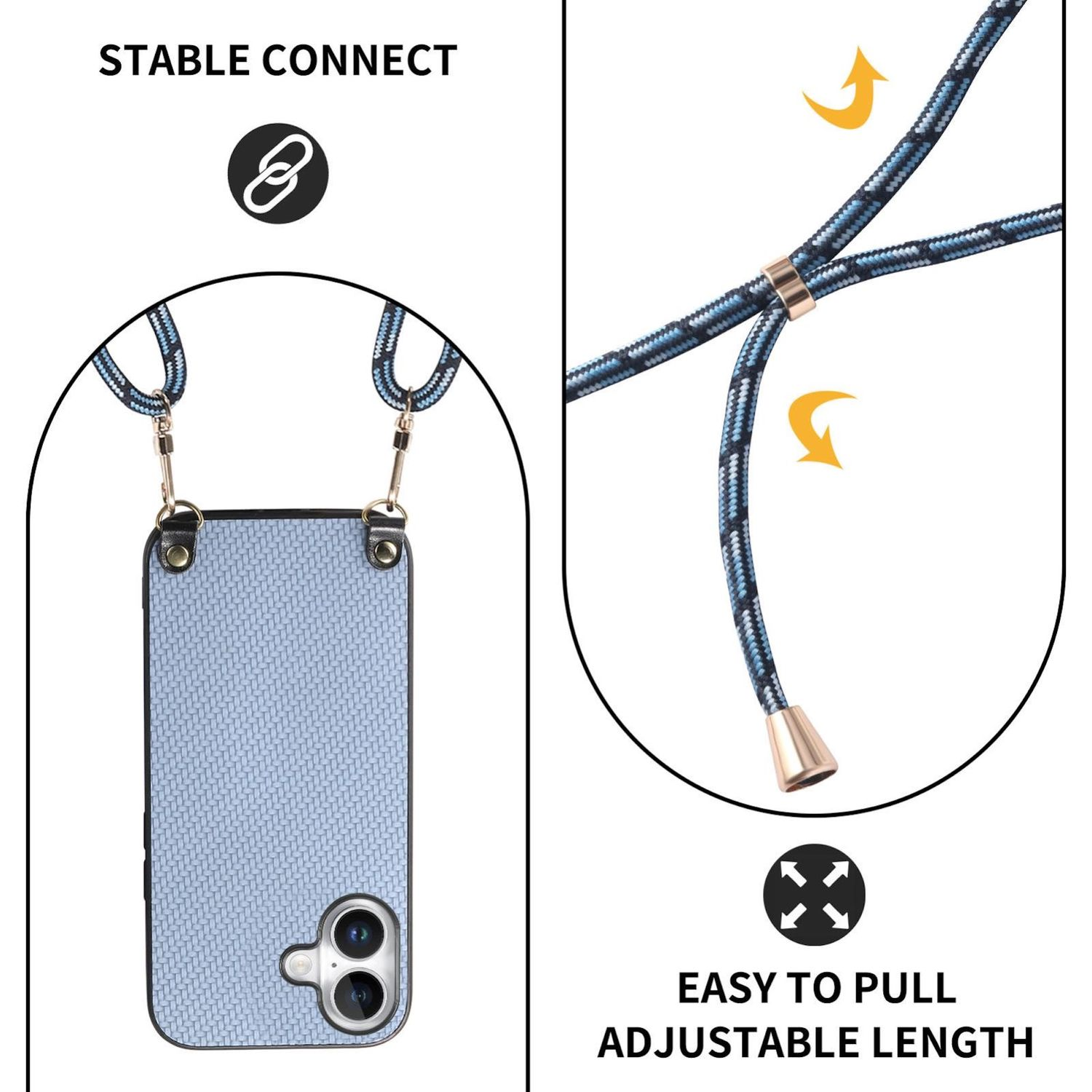 Eine Handyhülle mit blauem Webmuster ist mit einem verstellbaren marinefarbenen und weißen Schlüsselband mit goldfarbener Hardware verbunden.