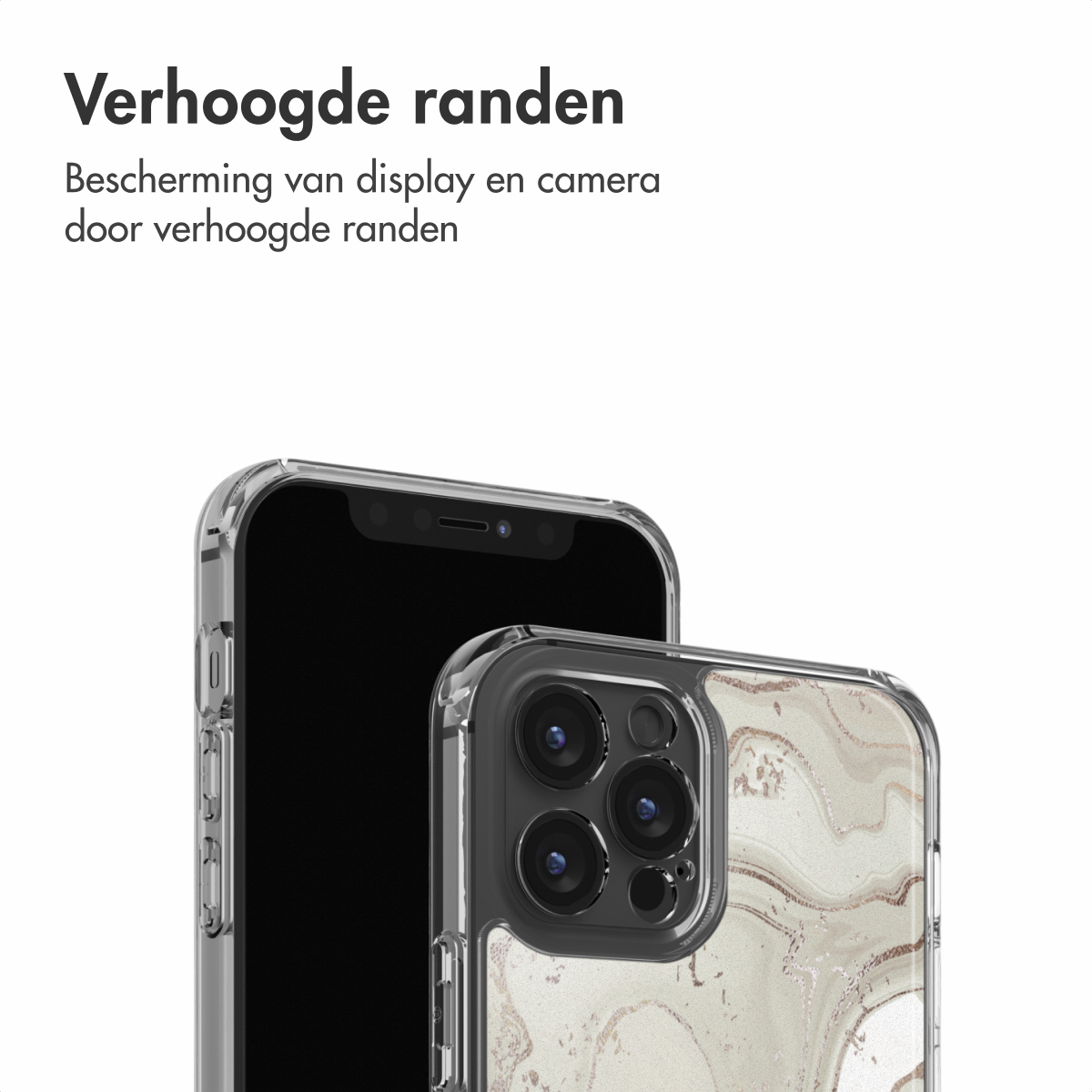 Deux smartphones avec des étuis de protection. L'étui d'un téléphone présente un motif marbré. L'autre est noir. Texte en arrière-plan.