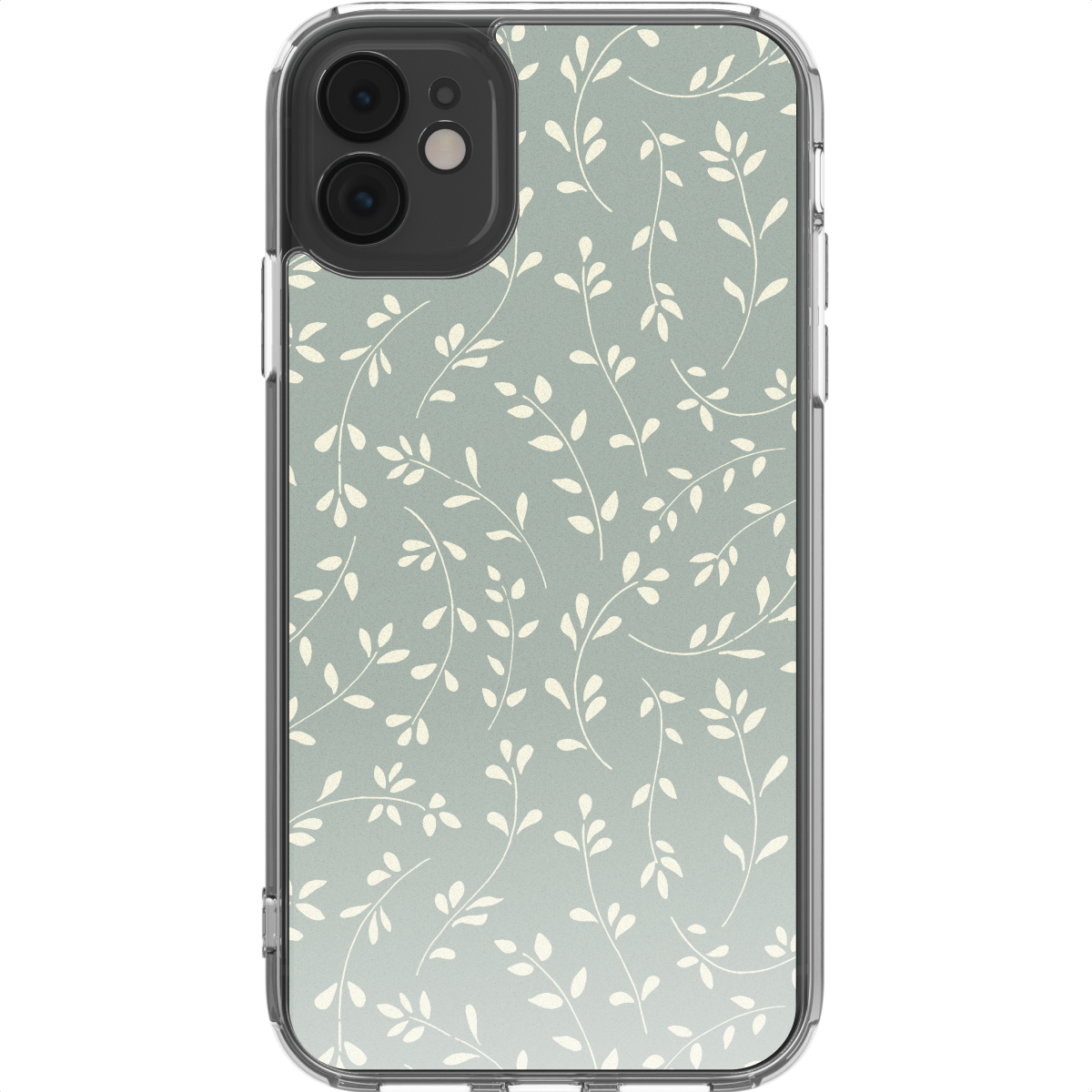 Una custodia per telefono con un motivo di foglie bianche su sfondo verde chiaro. Il telefono ha una sezione fotocamera nera.