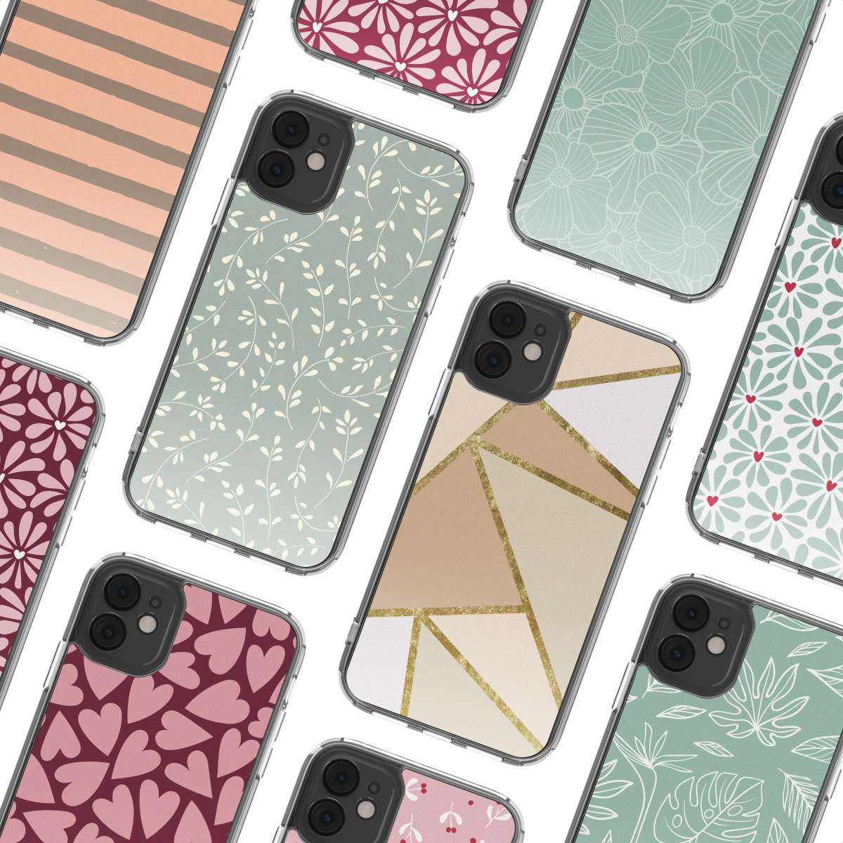 Collezione di custodie per telefoni. Vari disegni includono motivi floreali, forme geometriche, cuori e motivi a foglie. I colori sono diversi e vibranti.