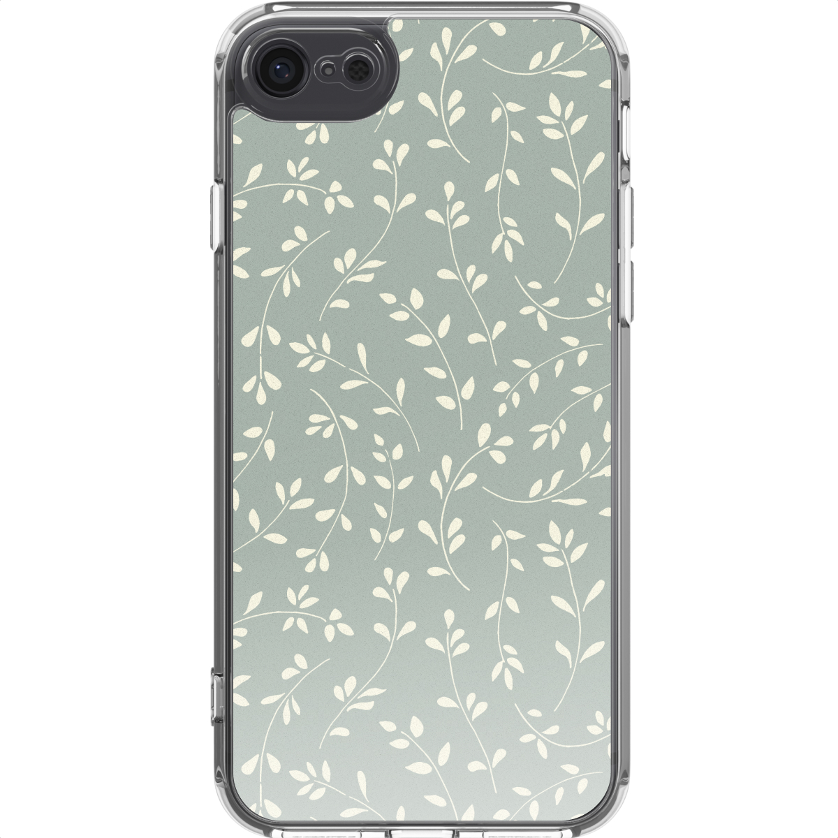 Een telefoonhoesje met een pastelgroene achtergrond en een patroon van witte, gestileerde bladeren en ranken.