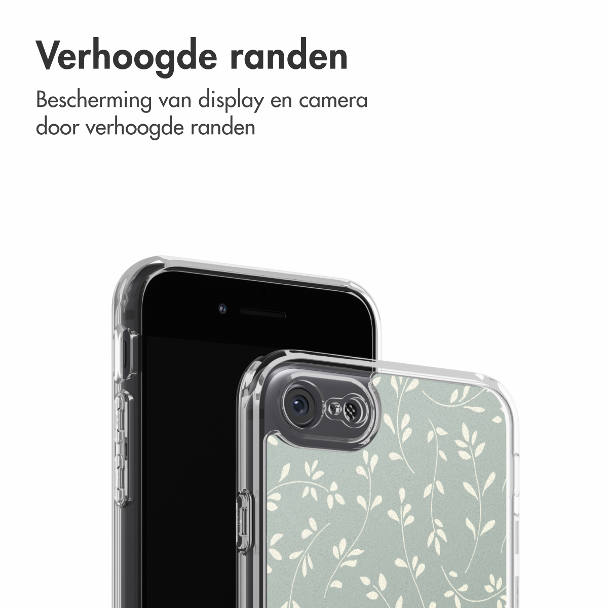 Een telefoon in een beschermhoesje. De hoes heeft een bloemenpatroon op een lichtgroene achtergrond. Het scherm van de telefoon is zwart.