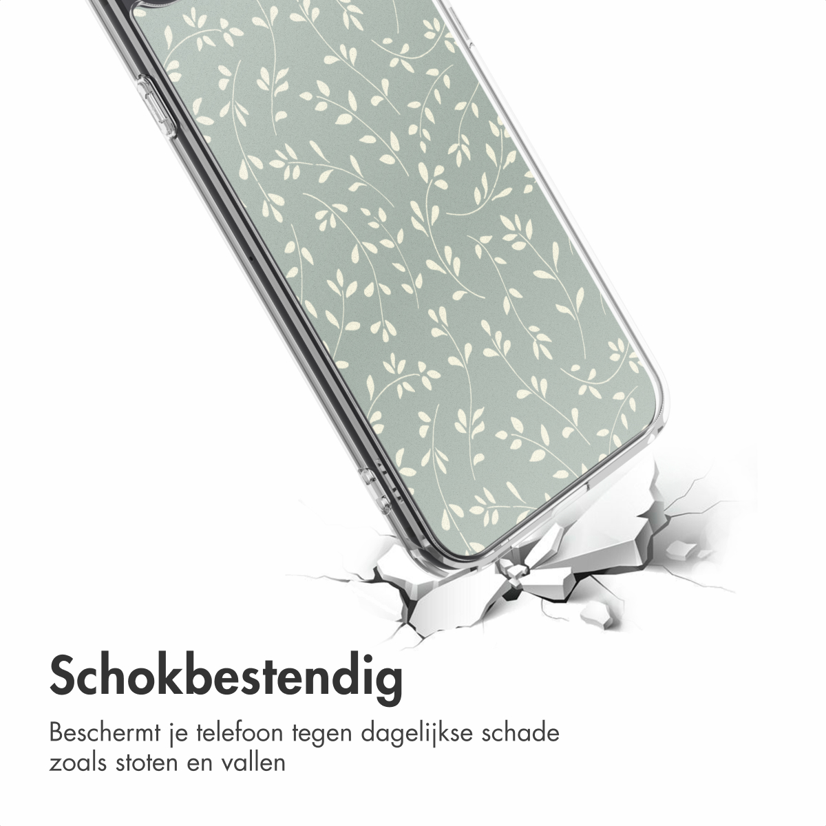 Een telefoonhoesje met bloemenpatroon breekt een oppervlak. De hoes is groen met witte bladeren. Het oppervlak is wit en gebarsten.