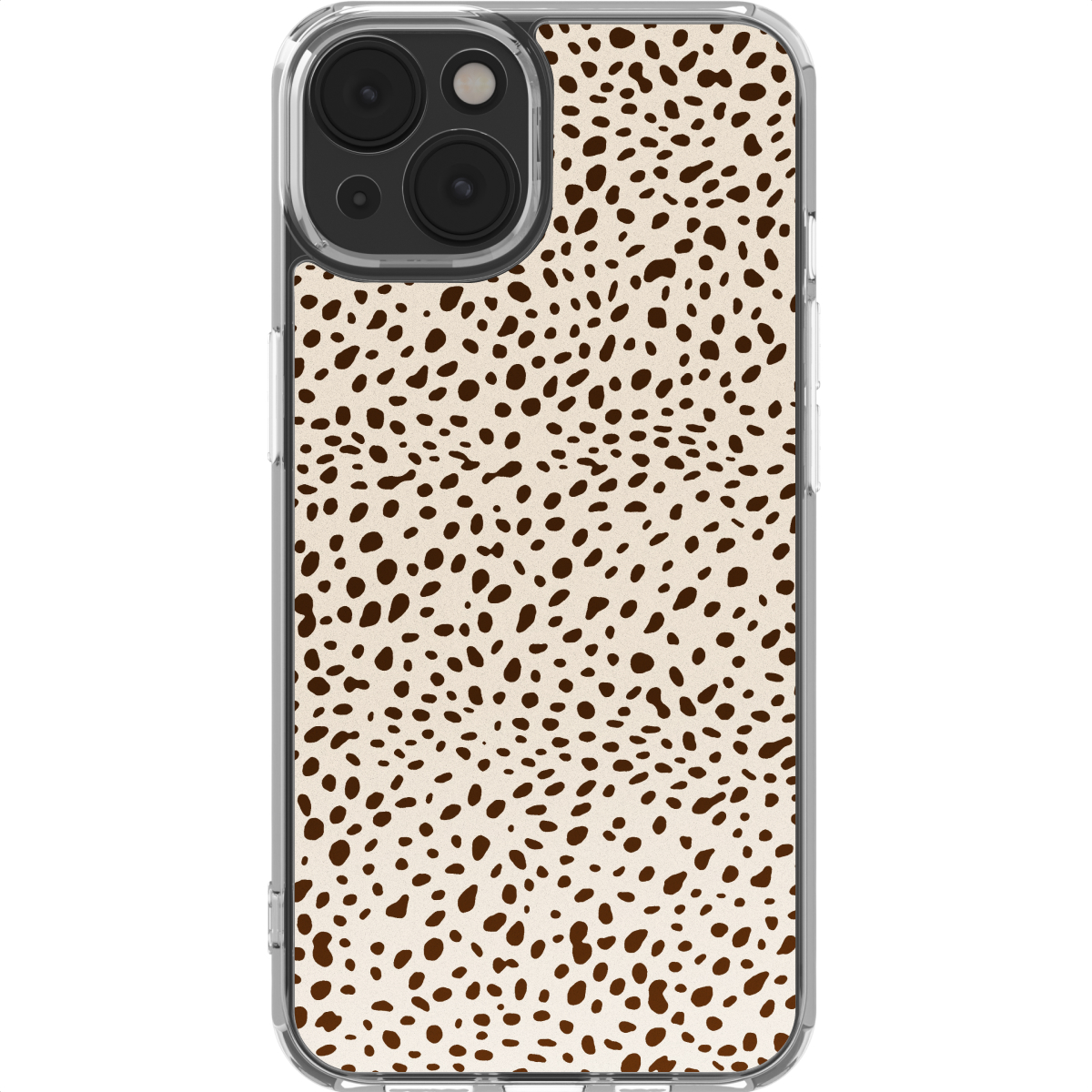 Una custodia per smartphone con sfondo color crema e macchie marroni. La custodia ha un bordo trasparente e una fotocamera.