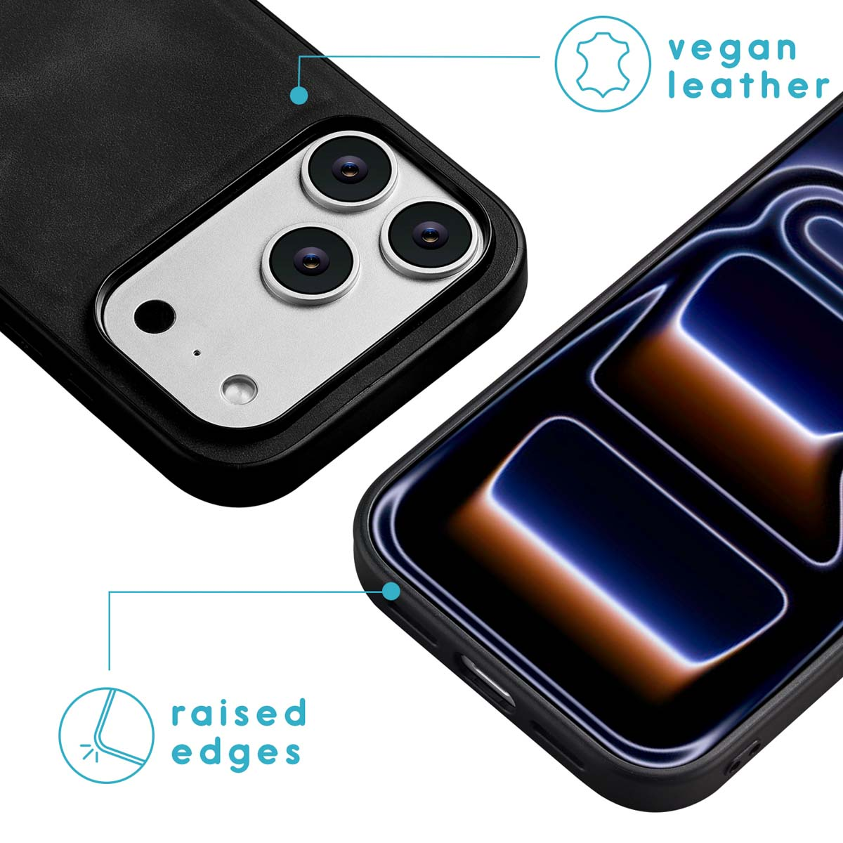Close-up van zwarte telefoonhoesjes, één met cameralenzen. Tekst geeft vegan leer en verhoogde randen aan.