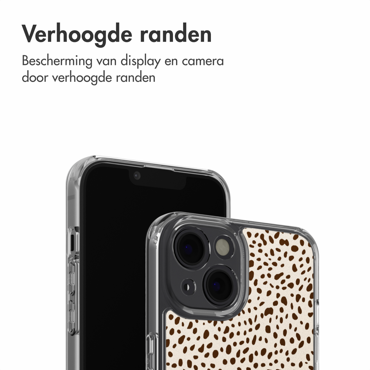 Due smartphone in custodie trasparenti, uno con motivo a dalmata. Testo: 'bordi rialzati' e dettagli di protezione.