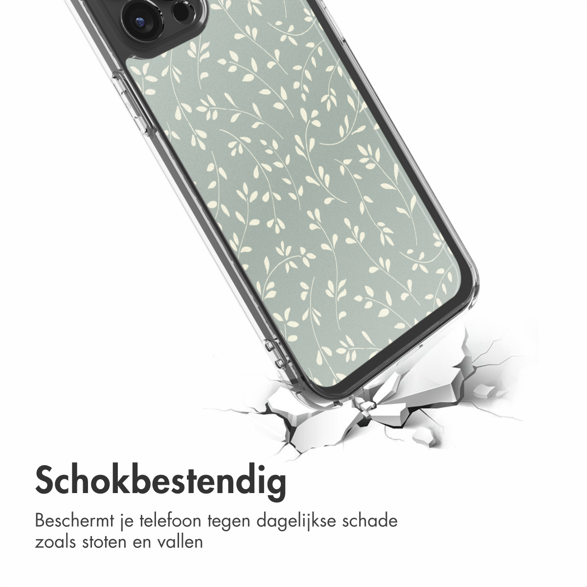 Eine Handyhülle mit floralem Muster zerbricht eine Oberfläche, was ihre stoßfeste Eigenschaft hervorhebt.