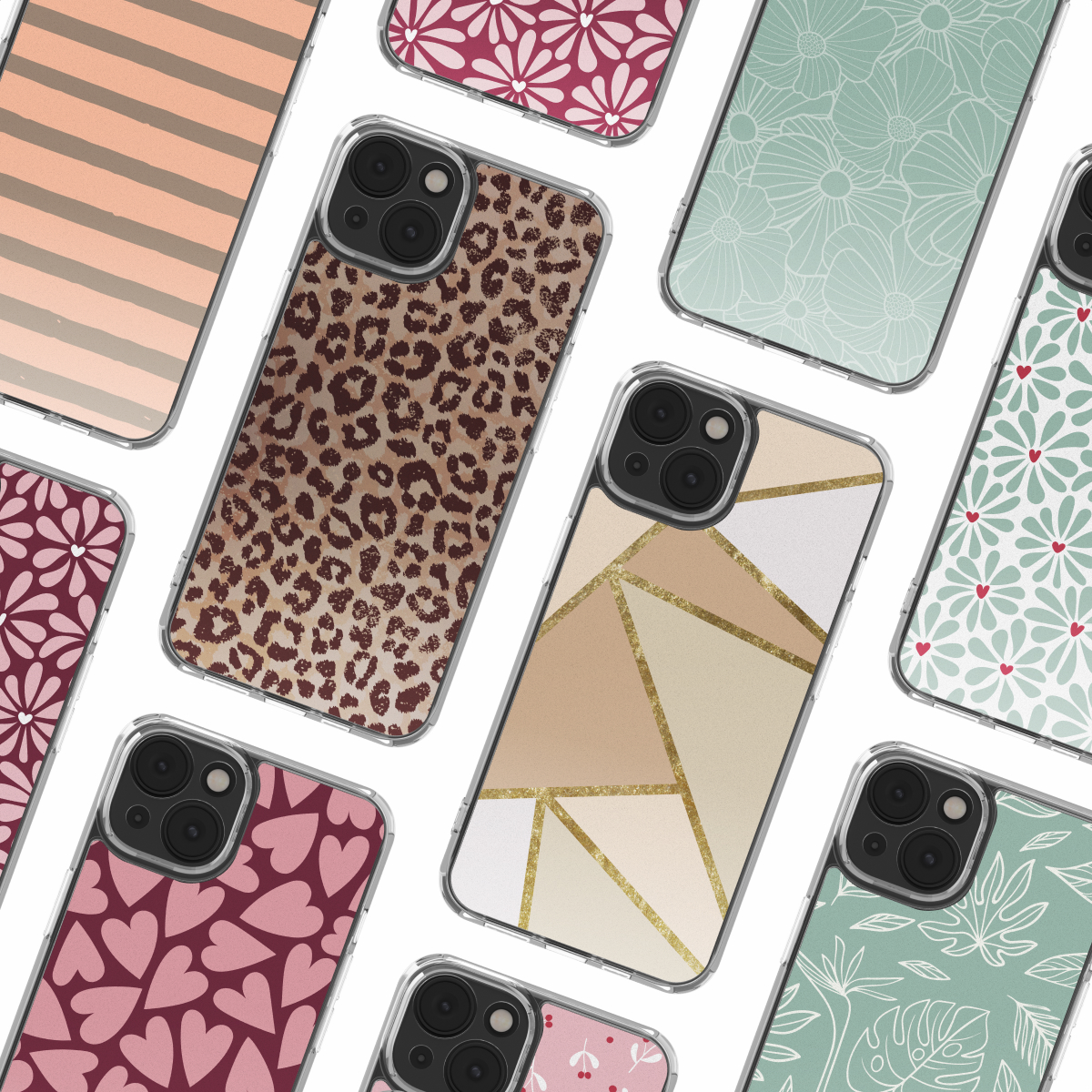 Varietà di custodie per telefoni con diversi design: stampa leopardata, floreale, geometrica e cuori. Tutte le custodie hanno fotocamere.