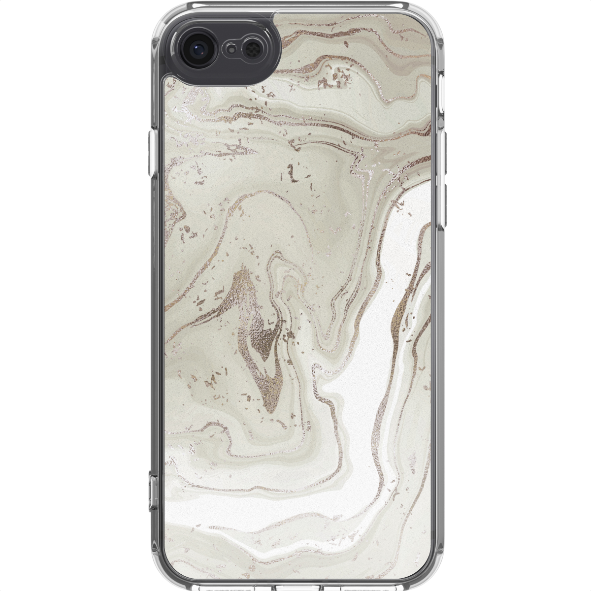 Una custodia per smartphone con un design a marmo. La custodia è trasparente con una sezione fotocamera grigia. Il design a marmo ha colori oro e bianco.