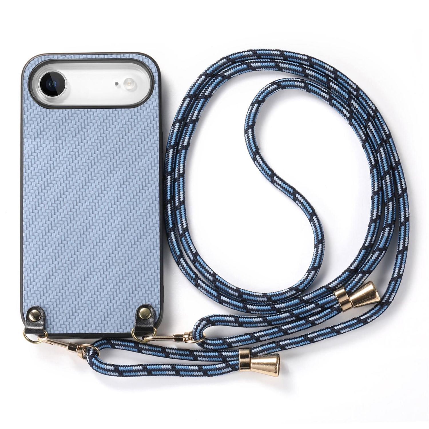 Una funda de teléfono azul con una textura tejida y un cordón a juego. El cordón tiene un diseño de cuerda azul, blanca y negra.