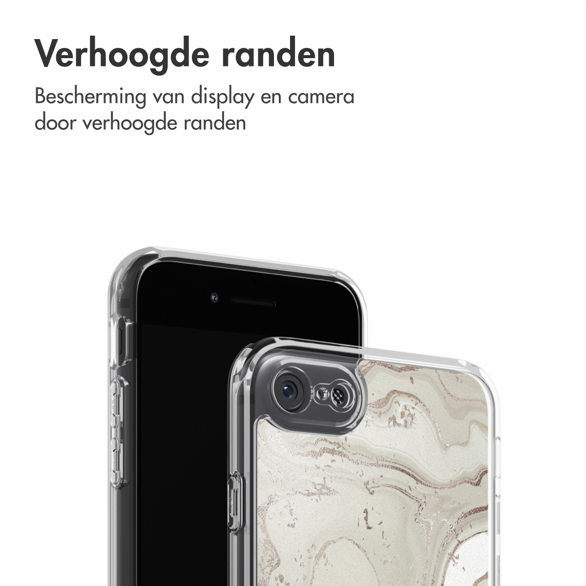 Sono mostrati due telefoni, uno dentro una custodia trasparente con motivo marmoreo e l'altro nero. Il testo dice 'Verhoogde randen'.
