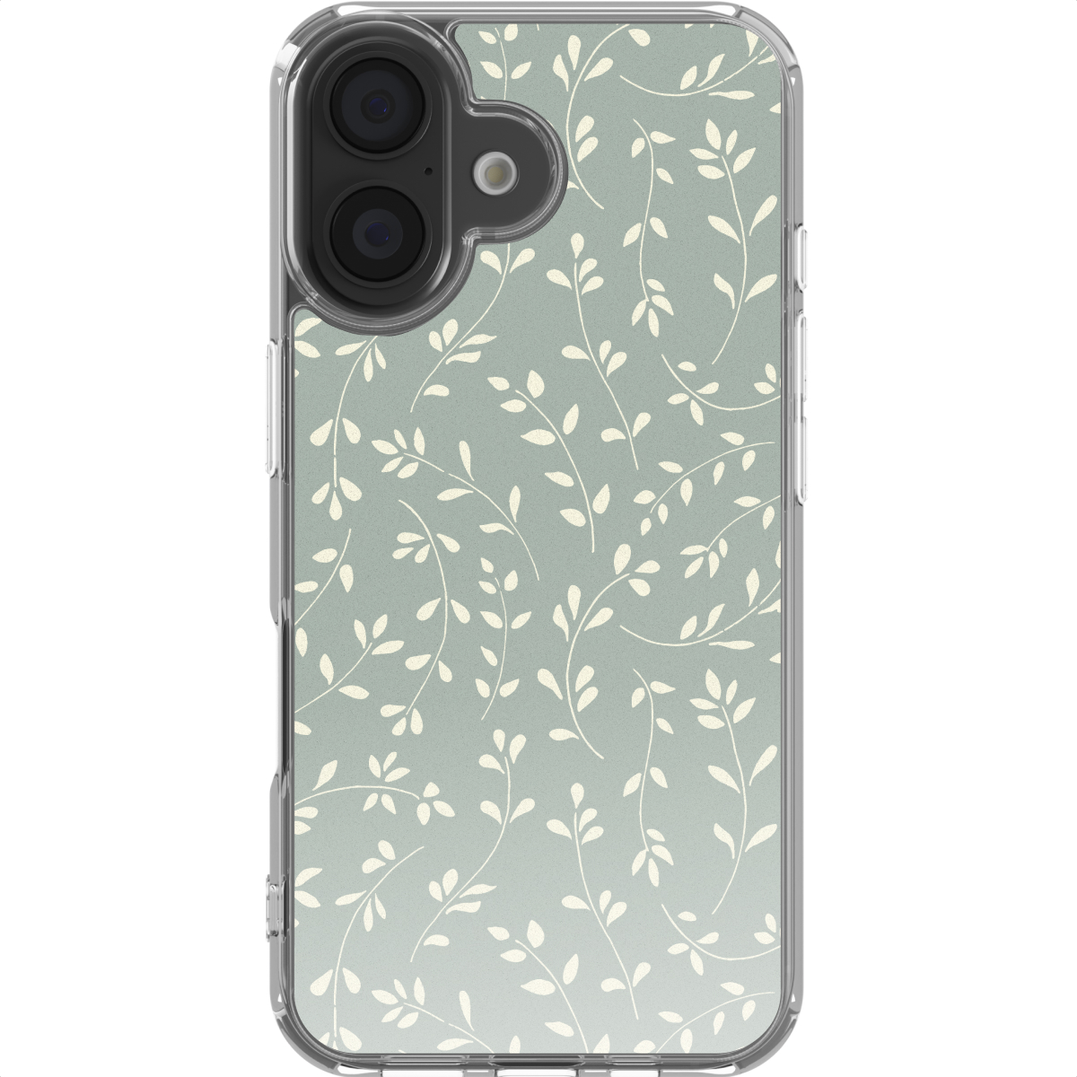 Een telefoonhoesje met een bloemenpatroon. De hoes is transparant met een lichtgroene achtergrond en witte bladachtige ontwerpen.