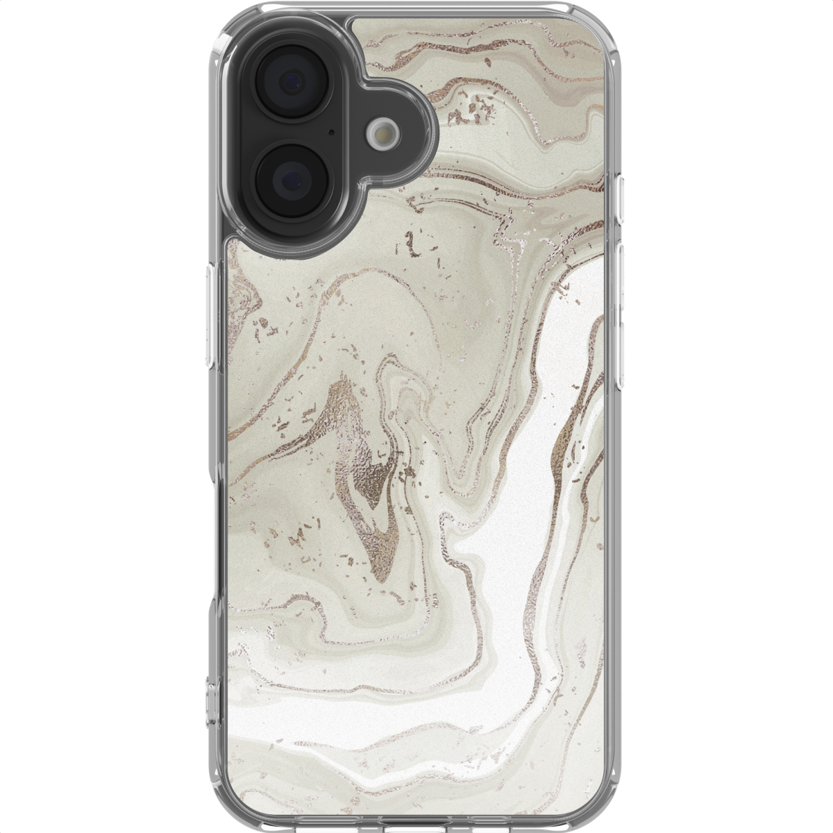 Telefoonhoesje met marmerpatroon. Wirbel van wit, beige en roségoud creëren een abstract ontwerp. Doorzichtig frame.