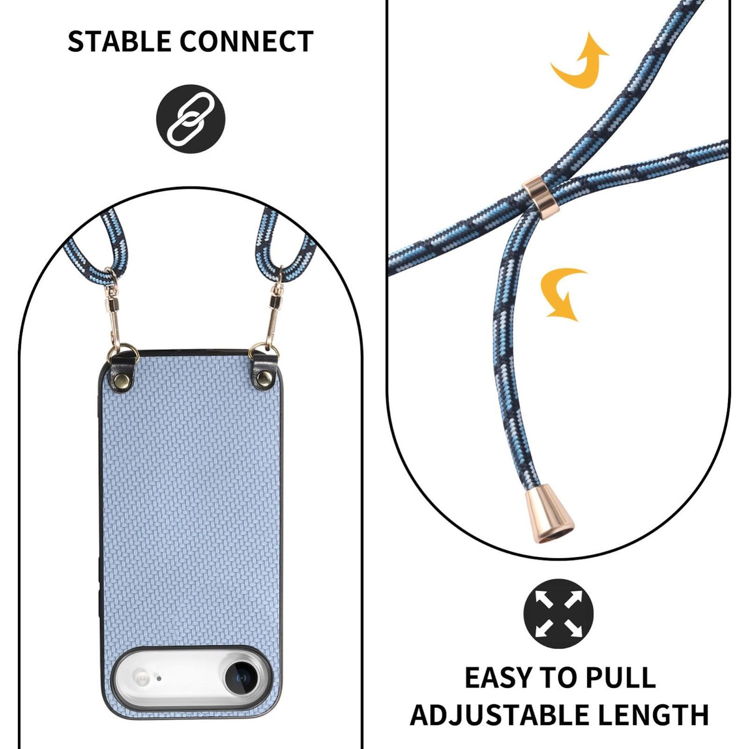 Una funda para teléfono con cordón. La funda es azul claro. El cordón es negro y azul. Texto: Stable Connect, Easy to Pull, Adjustable Length.