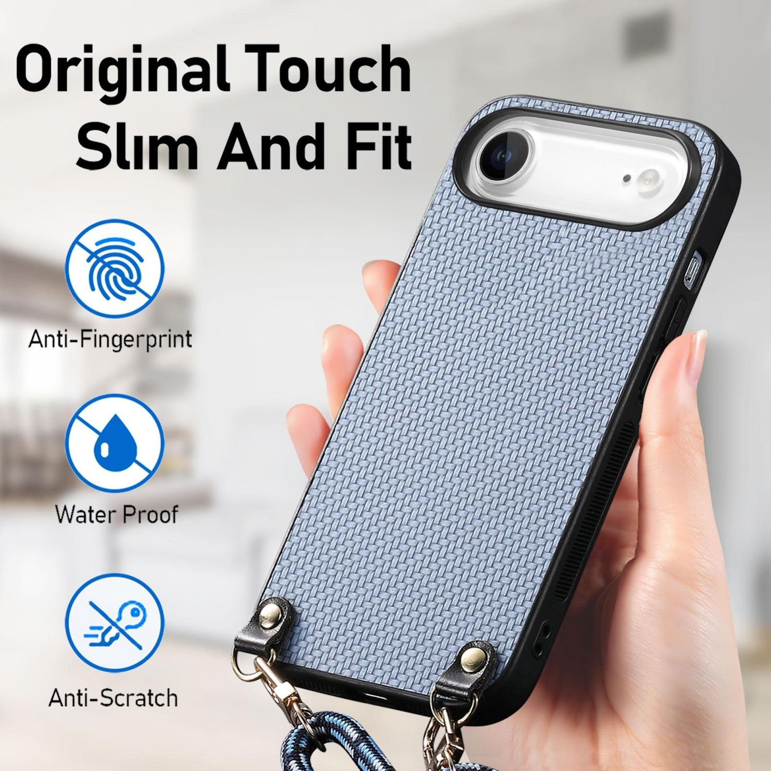 Una mano sostiene una funda de teléfono con diseño azul tejido, bordes negros y correa. Texto: Original Touch Slim And Fit.