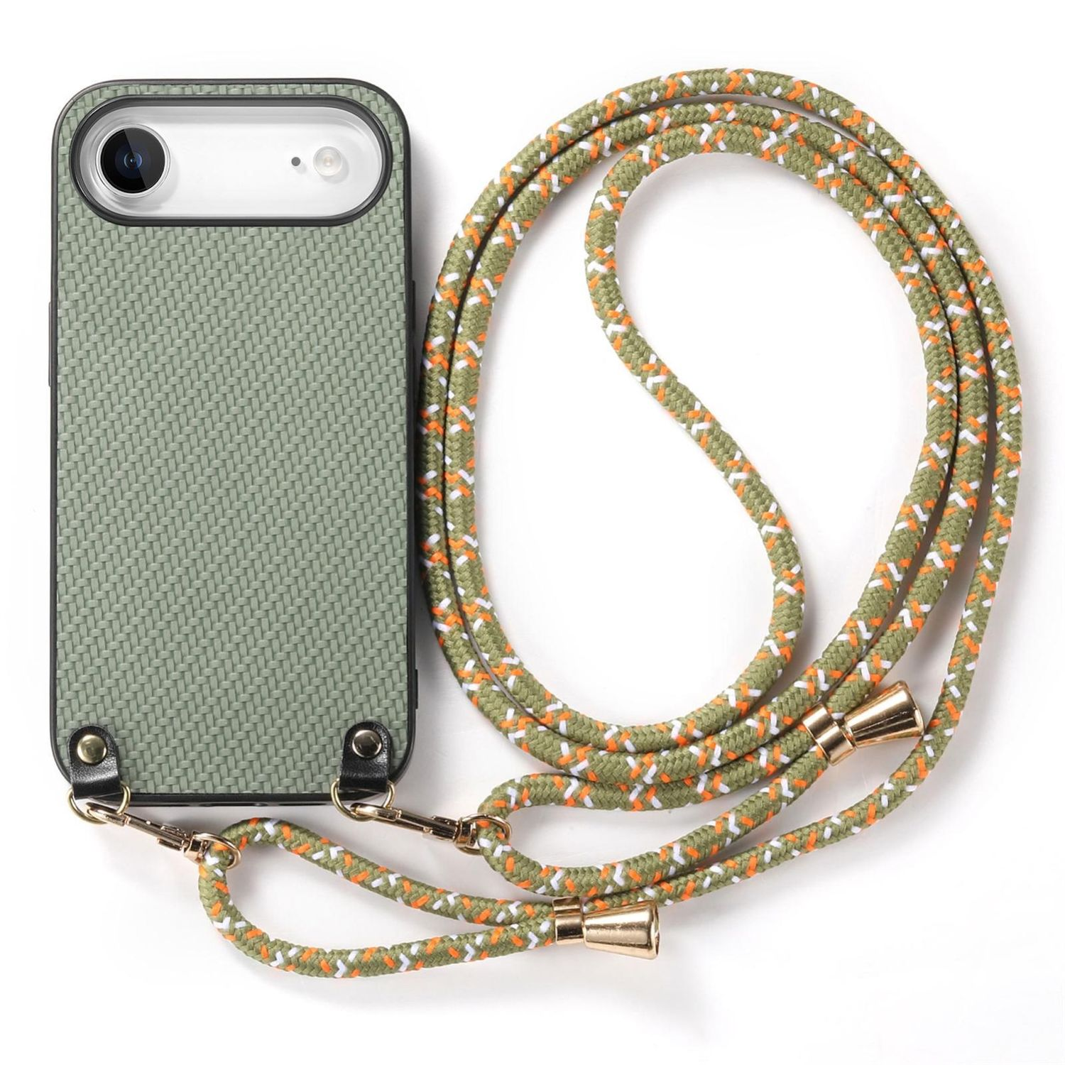Una funda verde con textura tejida y una correa. La correa es verde, blanca y naranja, con cierres y extremos dorados.