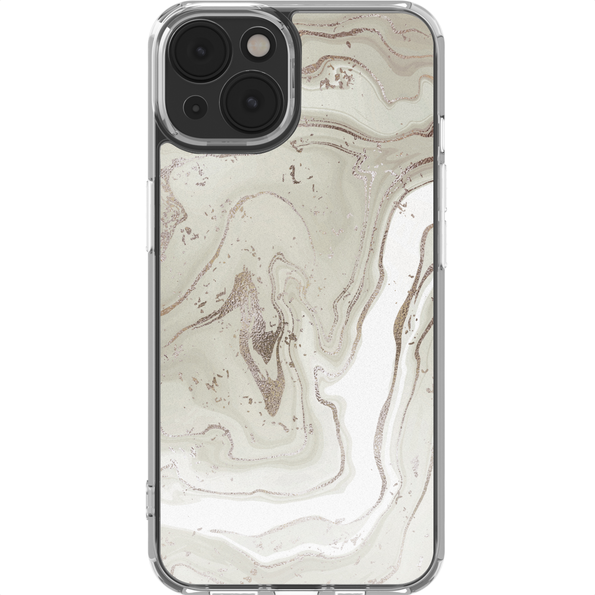 Une coque de téléphone avec un motif marbré. L'étui a un cadre transparent et un motif tourbillonnant crème, blanc et doré.
