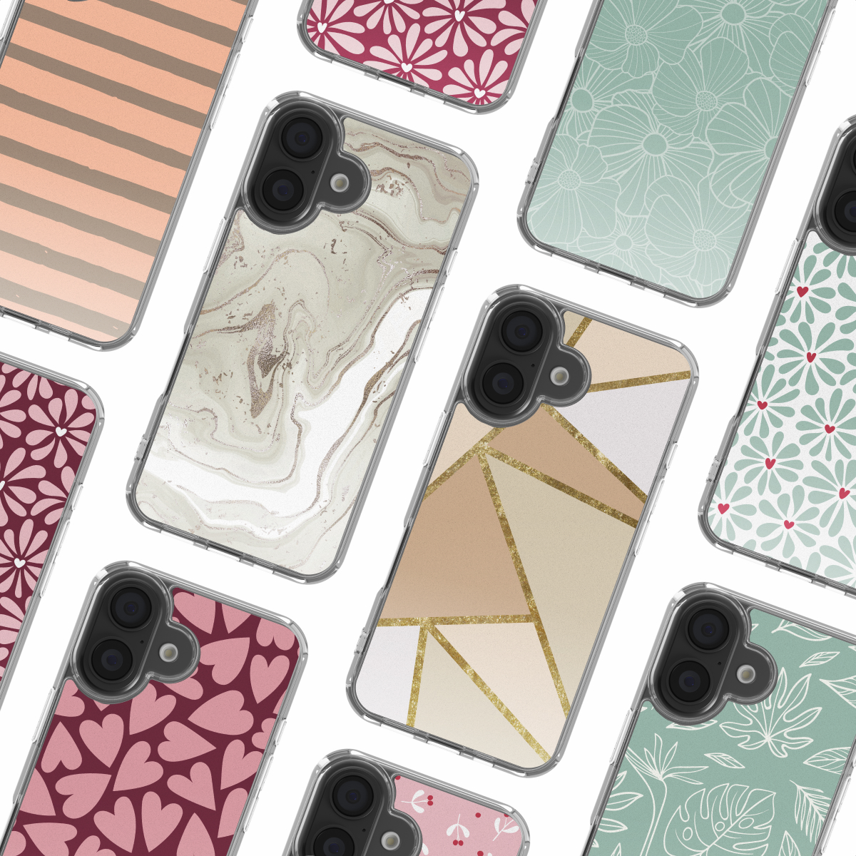 Diverse telefoonhoesjes op wit. Ontwerpen omvatten marmer, geometrische patronen, harten en bloemen in roze, goud en groen.