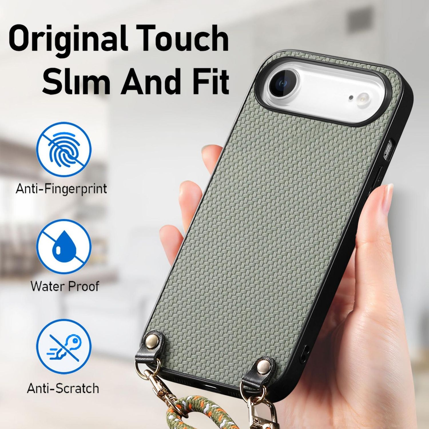 Mano sosteniendo una funda para teléfono. La funda es verde claro con un patrón tejido y un marco negro. Características: anti-huellas, impermeable, antiarañazos.