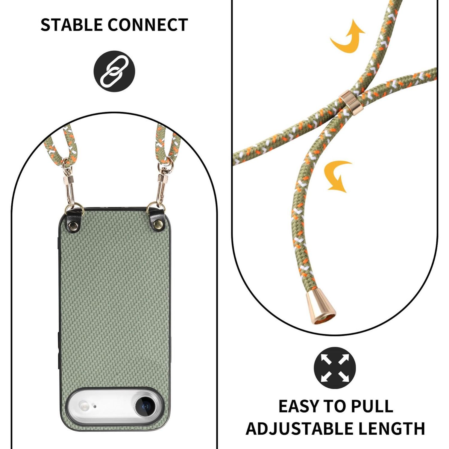 Imagen muestra una funda de teléfono con cordón. Texto: Conexión estable, fácil de tirar, longitud ajustable. Colores: verde, blanco, naranja, dorado.