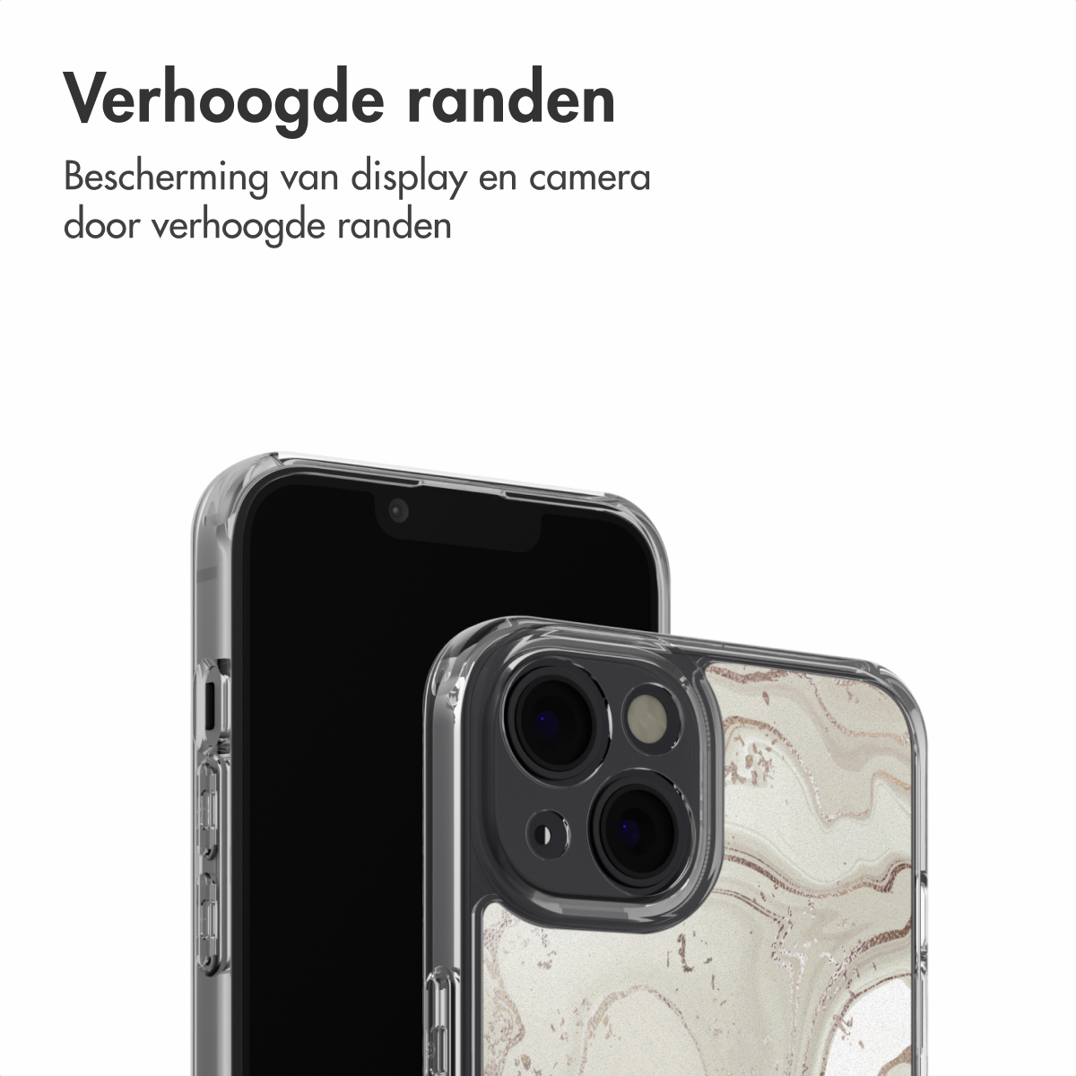 Deux téléphones avec étuis de protection. L'un est noir avec un étui transparent. L'autre a un étui à motifs blancs et dorés.