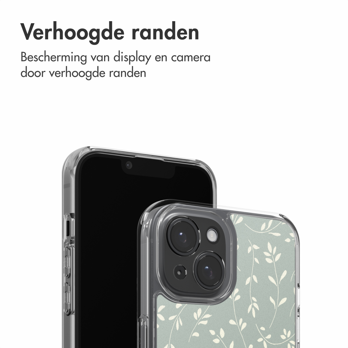 Two smartphones in protective cases are shown. One is black, the other has a leaf pattern on a light green background.