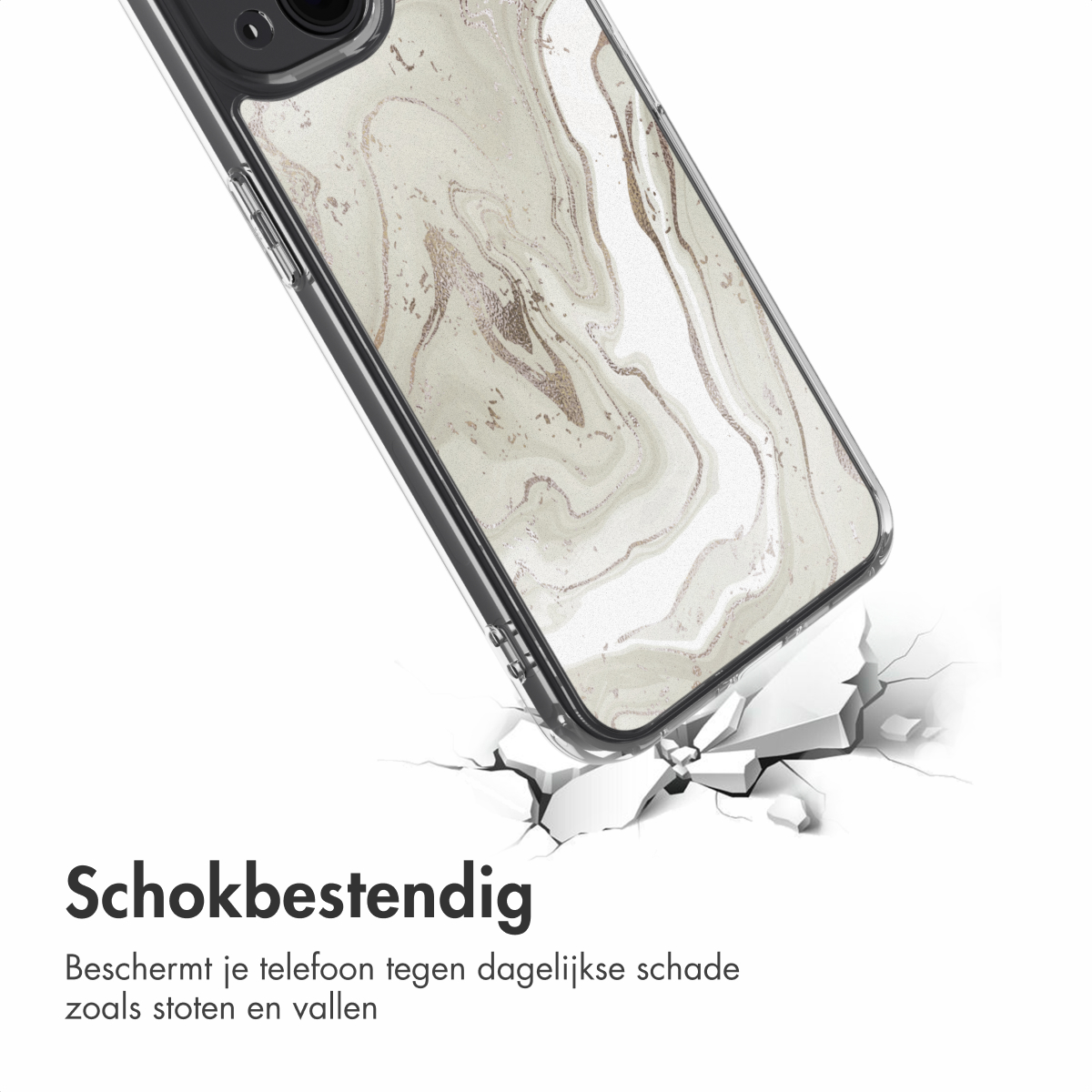 Une coque de téléphone avec un design marbré brise une surface, démontrant sa résistance aux chocs. Texte : 'Antichoc'.