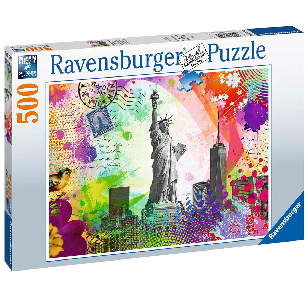 Pudełko z puzzlami. Statua Wolności, panorama Nowego Jorku, kolorowa sztuka z kwiatami i plamami oraz ptak. Marka Ravensburger.