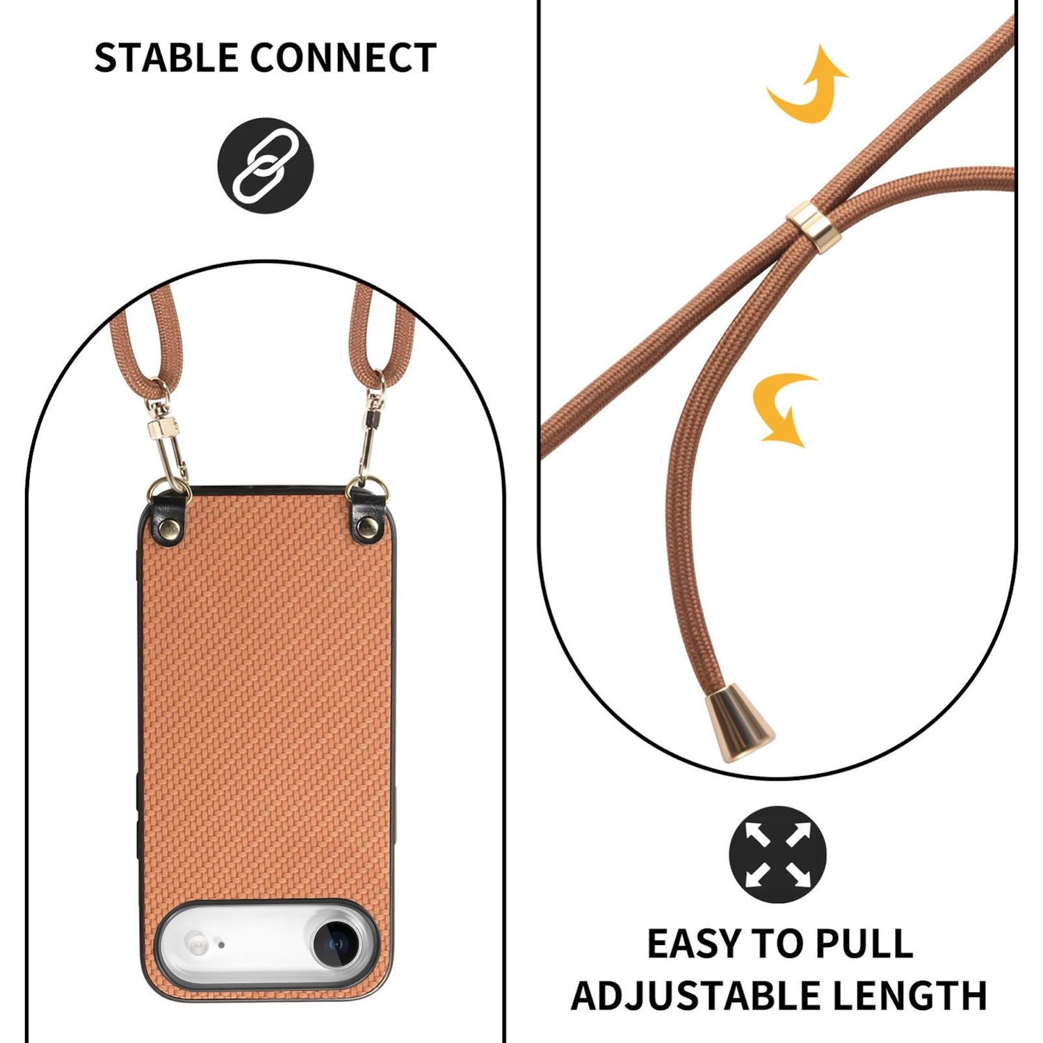 Una funda de teléfono con textura tejida marrón, conectada a un cordón marrón. El cordón tiene herrajes dorados y longitud ajustable.