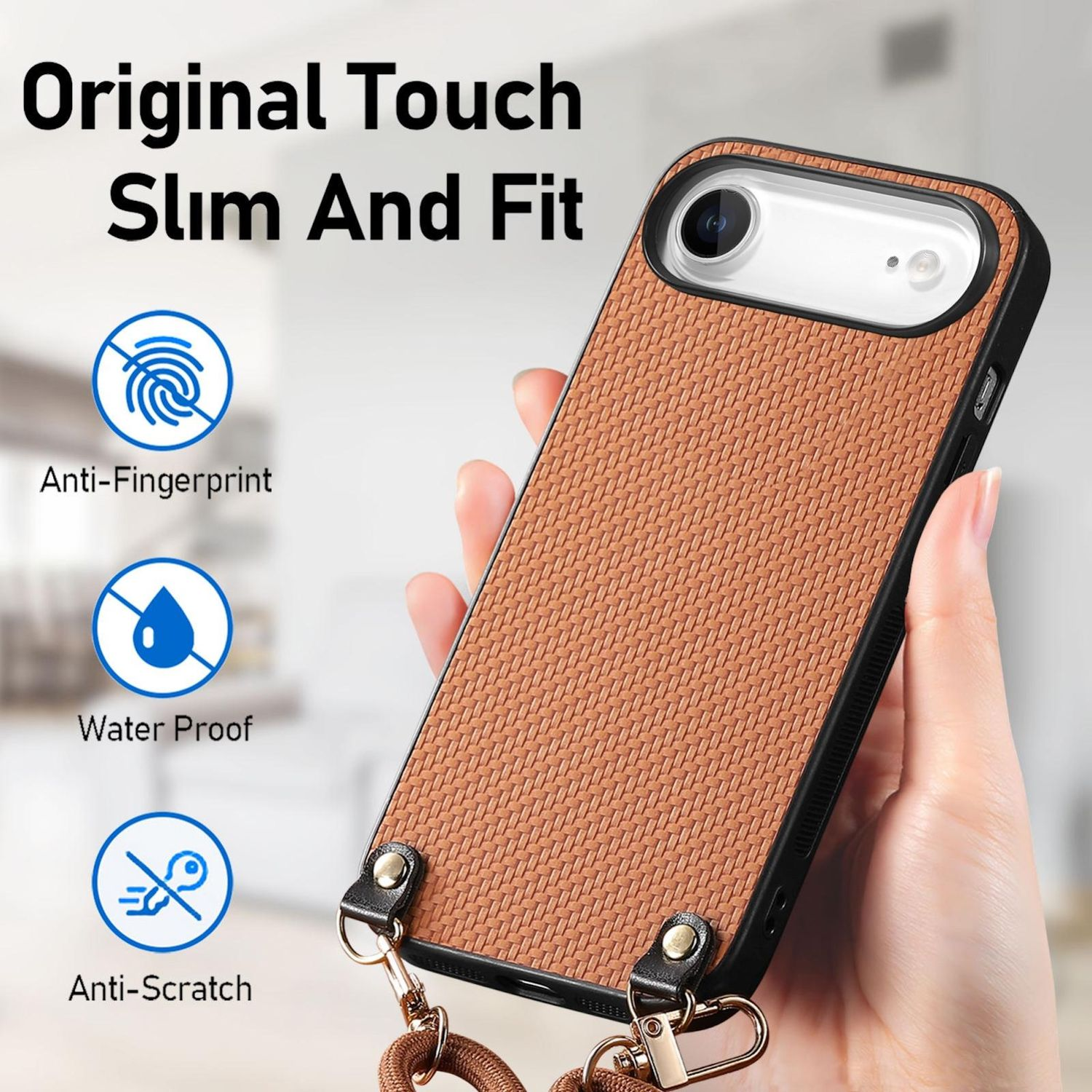 Una mano sostiene una funda de teléfono. La funda es marrón con un patrón tejido, bordes negros y una correa. Texto: Original Touch Slim And Fit.