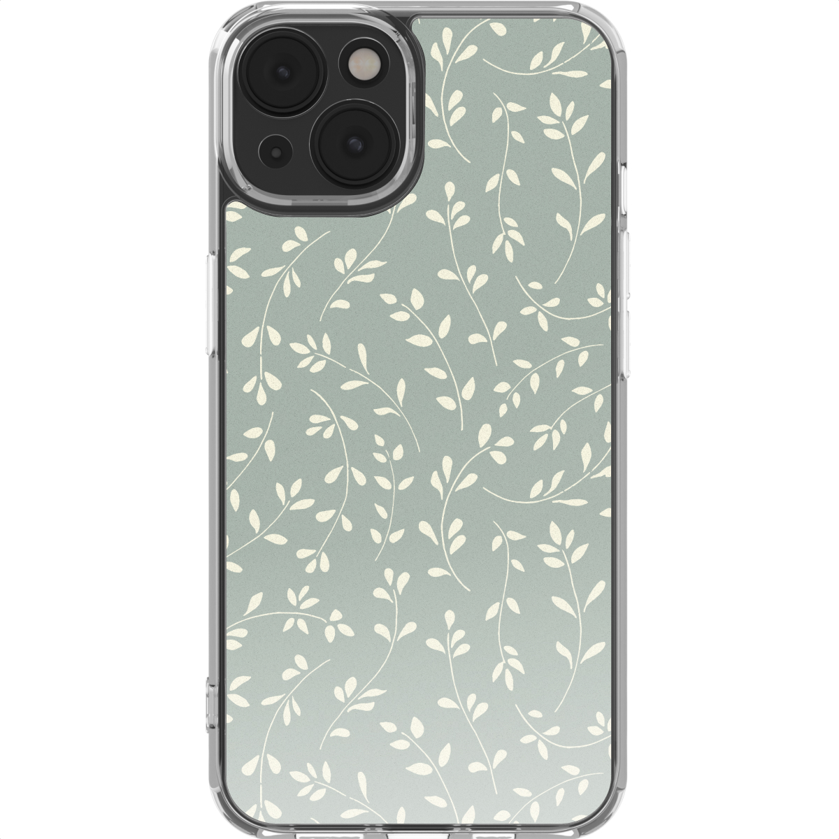 Coque de téléphone transparente avec fond gris et motif de feuilles blanches. Le téléphone a un appareil photo à trois objectifs.