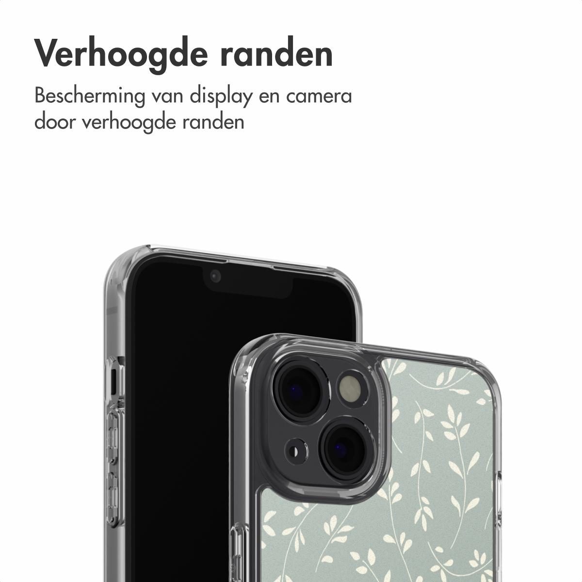 Deux smartphones avec étuis de protection. Un écran noir, l'autre avec un motif floral. Les deux étuis sont transparents.