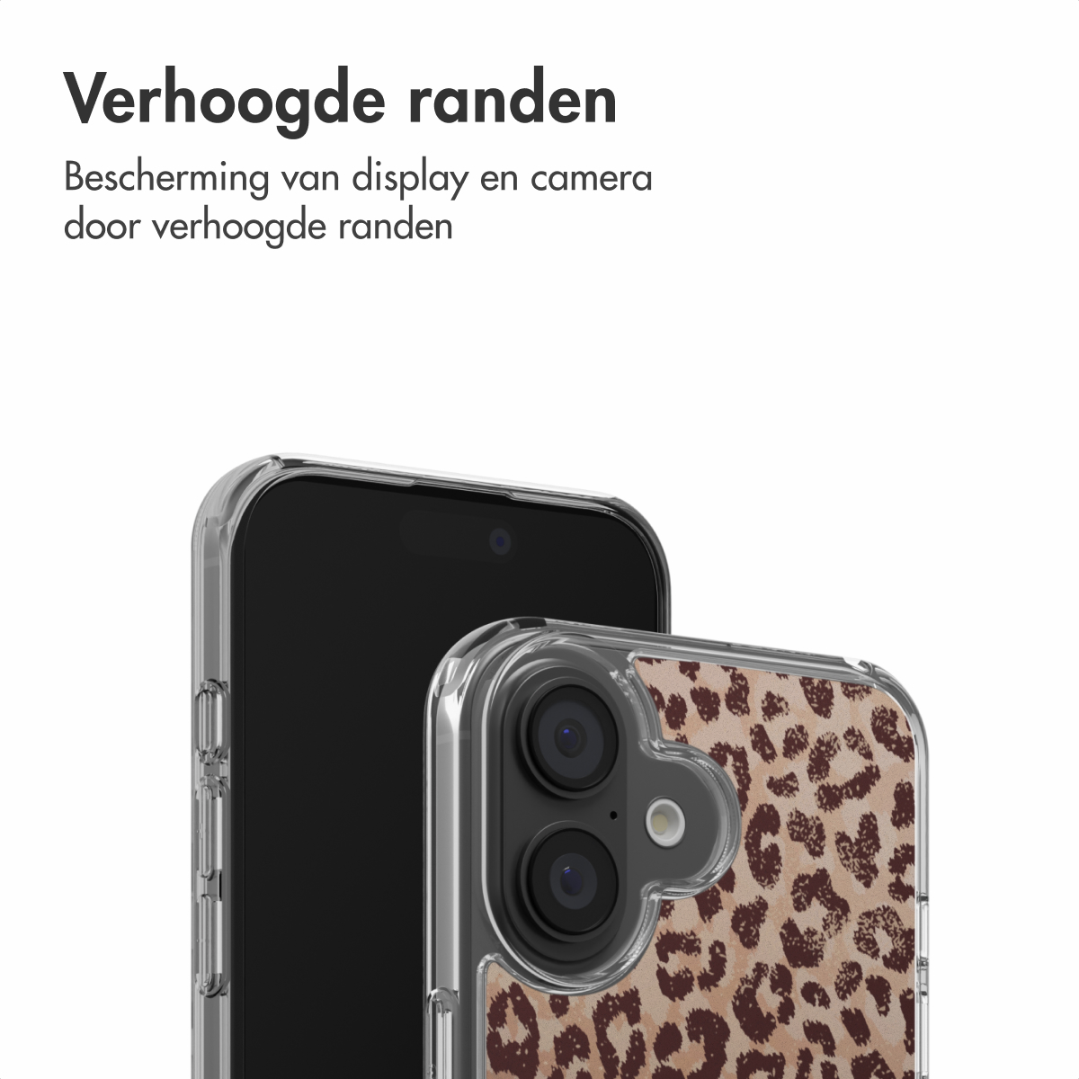 Due smartphone con custodie protettive. Uno è nero, l'altro ha una stampa leopardata. Entrambi hanno bordi rialzati.