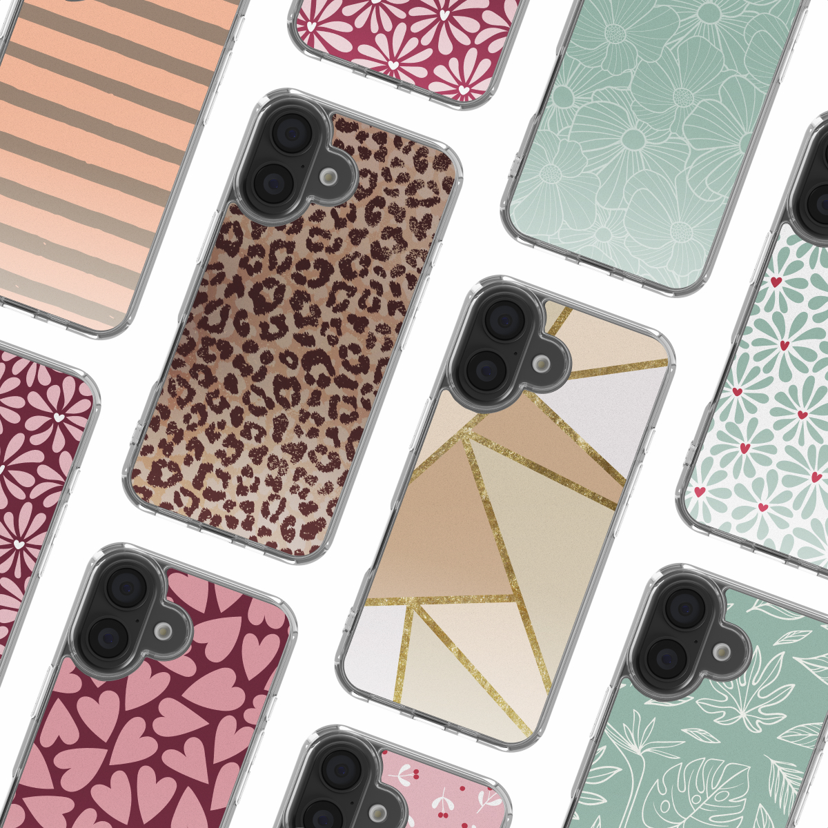 Varie custodie per telefono su sfondo bianco. I design includono stampa animalier, motivi floreali, forme geometriche e cuori.