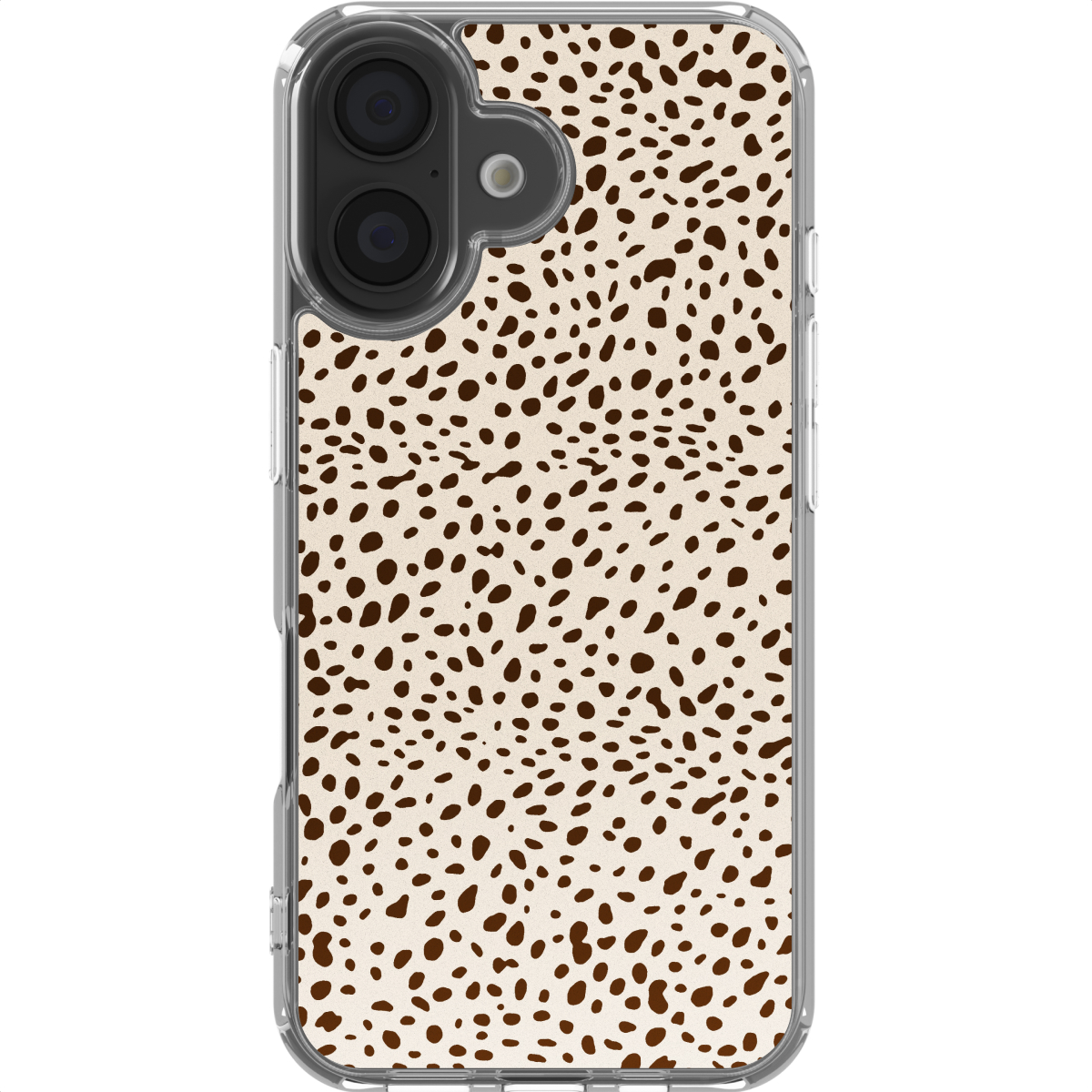 Een doorzichtige telefoonhoes met een beige stippenpatroon, met een cameramodule. Het patroon heeft bruine vlekken.