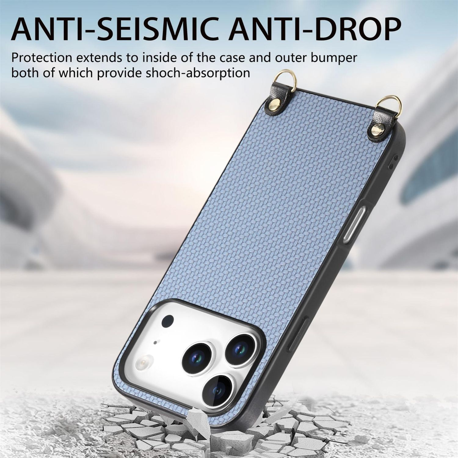 Una funda de teléfono con patrón azul. El teléfono está inclinado y es soportado por una superficie agrietada. El texto superior dice ANTI-SEISMIC ANTI-DROP.