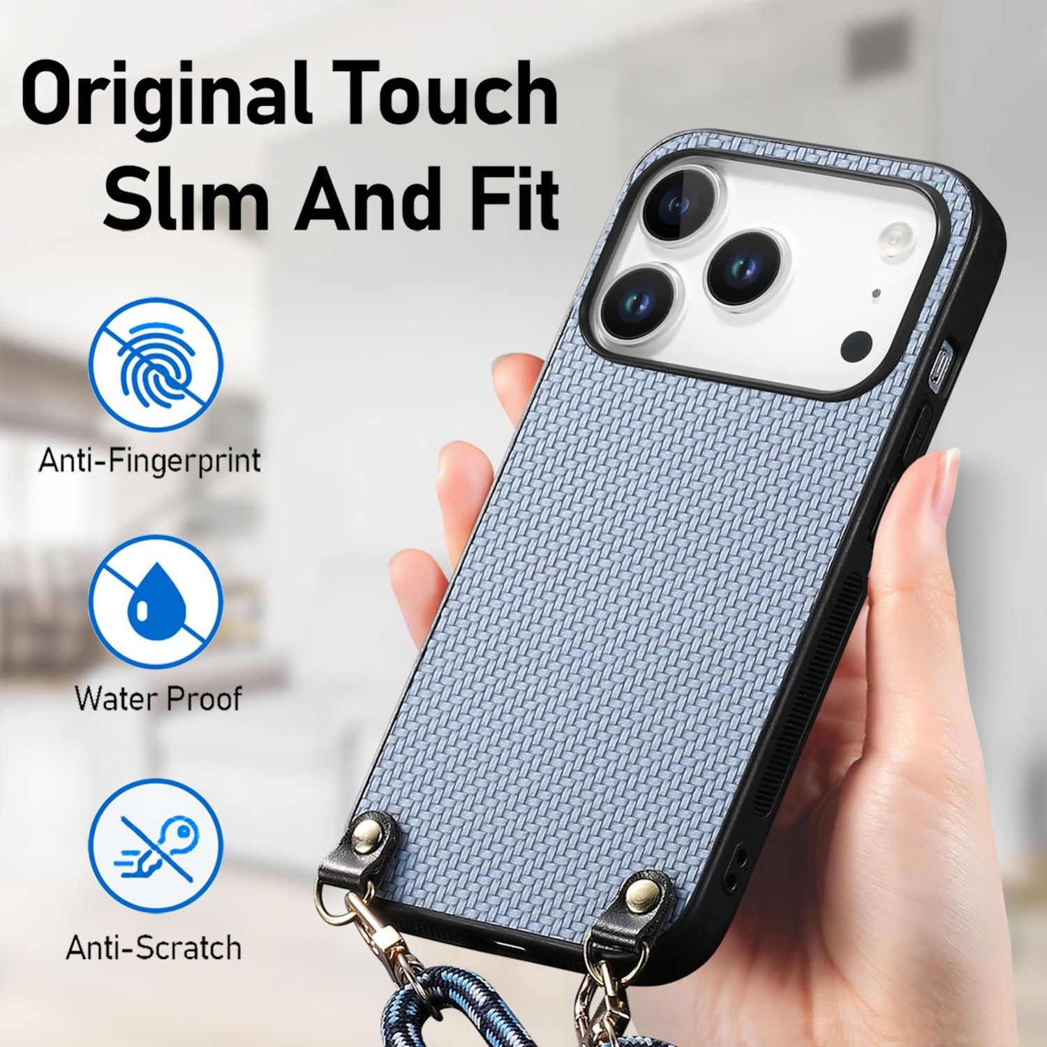 Una mano sosteniendo un teléfono con una funda azul. Características: anti-huellas dactilares, impermeable y anti-arañazos. Texto: Original Touch Slim And Fit.