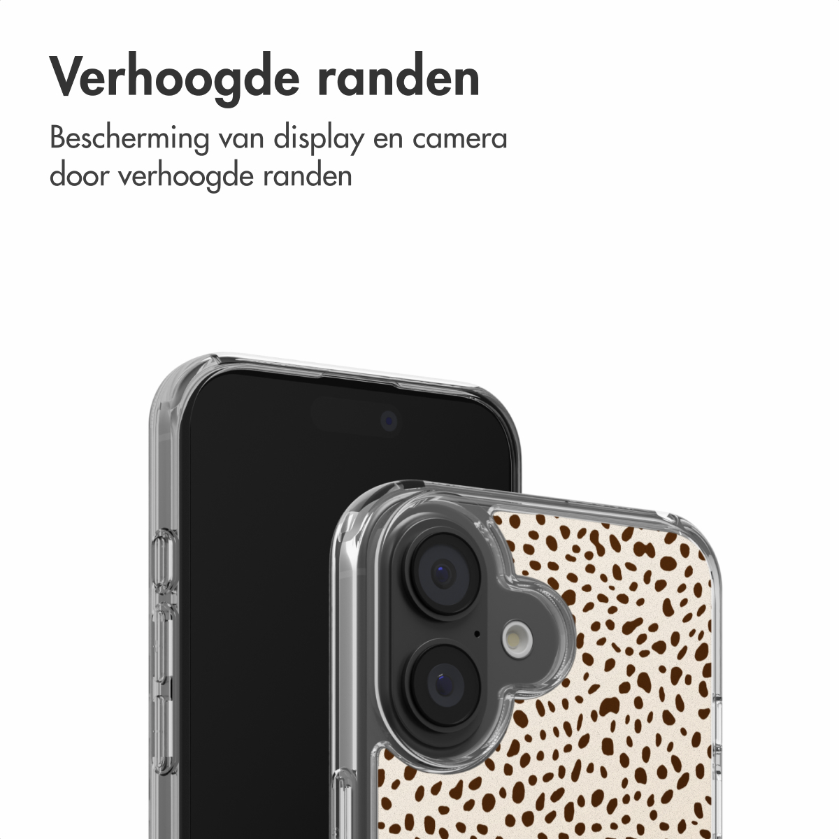 Twee telefoons in beschermhoesjes. Eén met een zwart scherm, de ander met een beige hoes en bruine stippen.