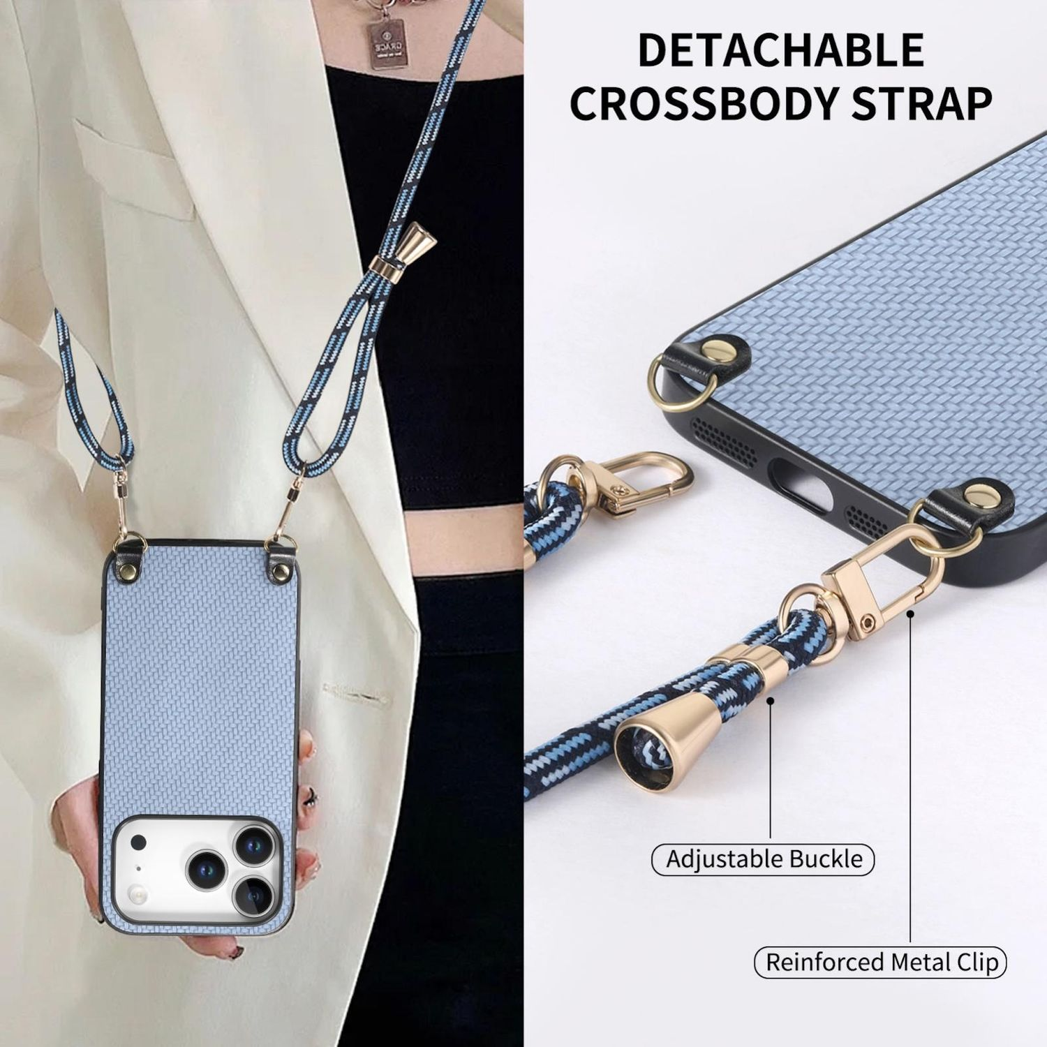 Una funda de teléfono azul claro con una correa cruzada desmontable. La correa es azul y blanca. Clips metálicos dorados y una hebilla ajustable.