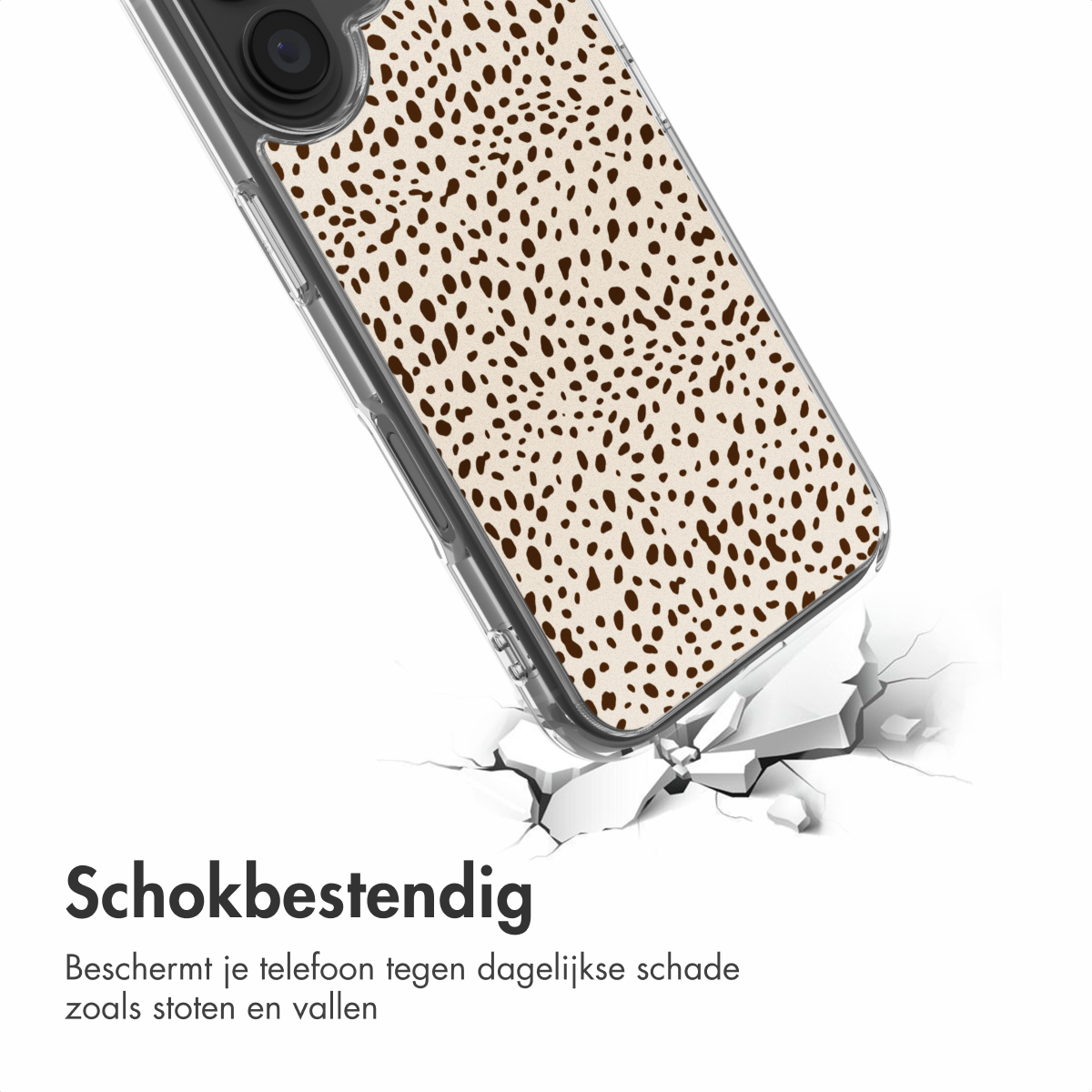 Telefoonhoesje met bruine stippen, breekt door een gebarsten wit oppervlak. Tekst: 'Schokbestendig'.